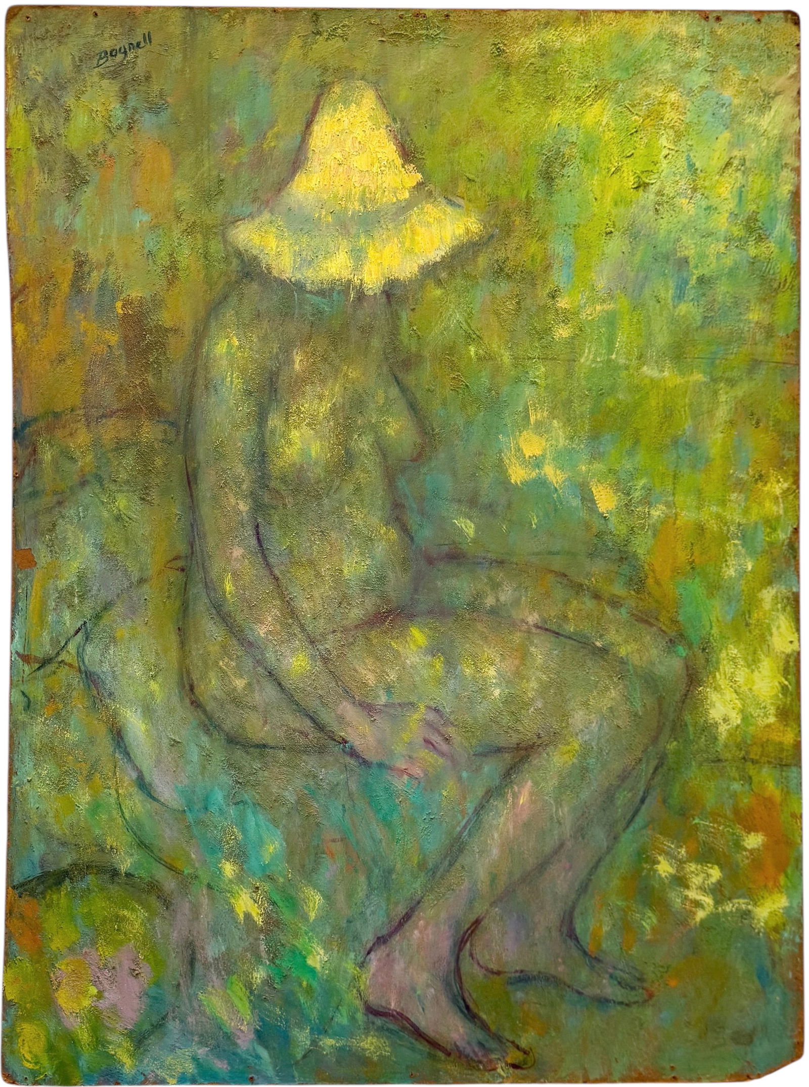 STEPHEN BAGNELL (1930-1996, American) Nude With Hat, Large Painting: Oil painting on masonite 48 x 36 in. Domestic Flat Shipping Price: $240