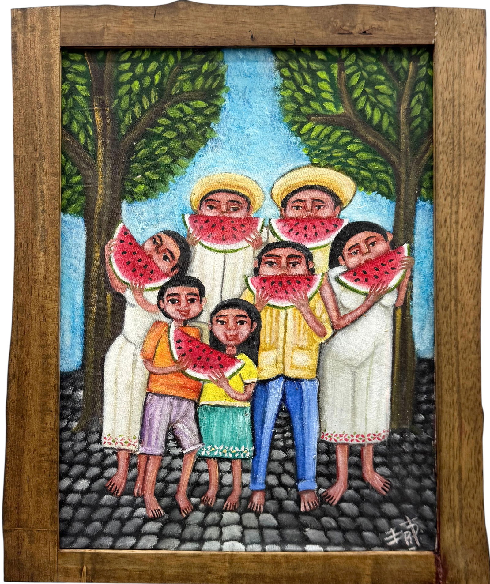 Adorable Signed Mexican Folk Art Painting Figures With Watermelons: Signed with monogram. Artist unknown. Oil painting on board 16 x 12 in, 18 1/2 x 15 in (framed). Domestic Flat Shipping Price: $45