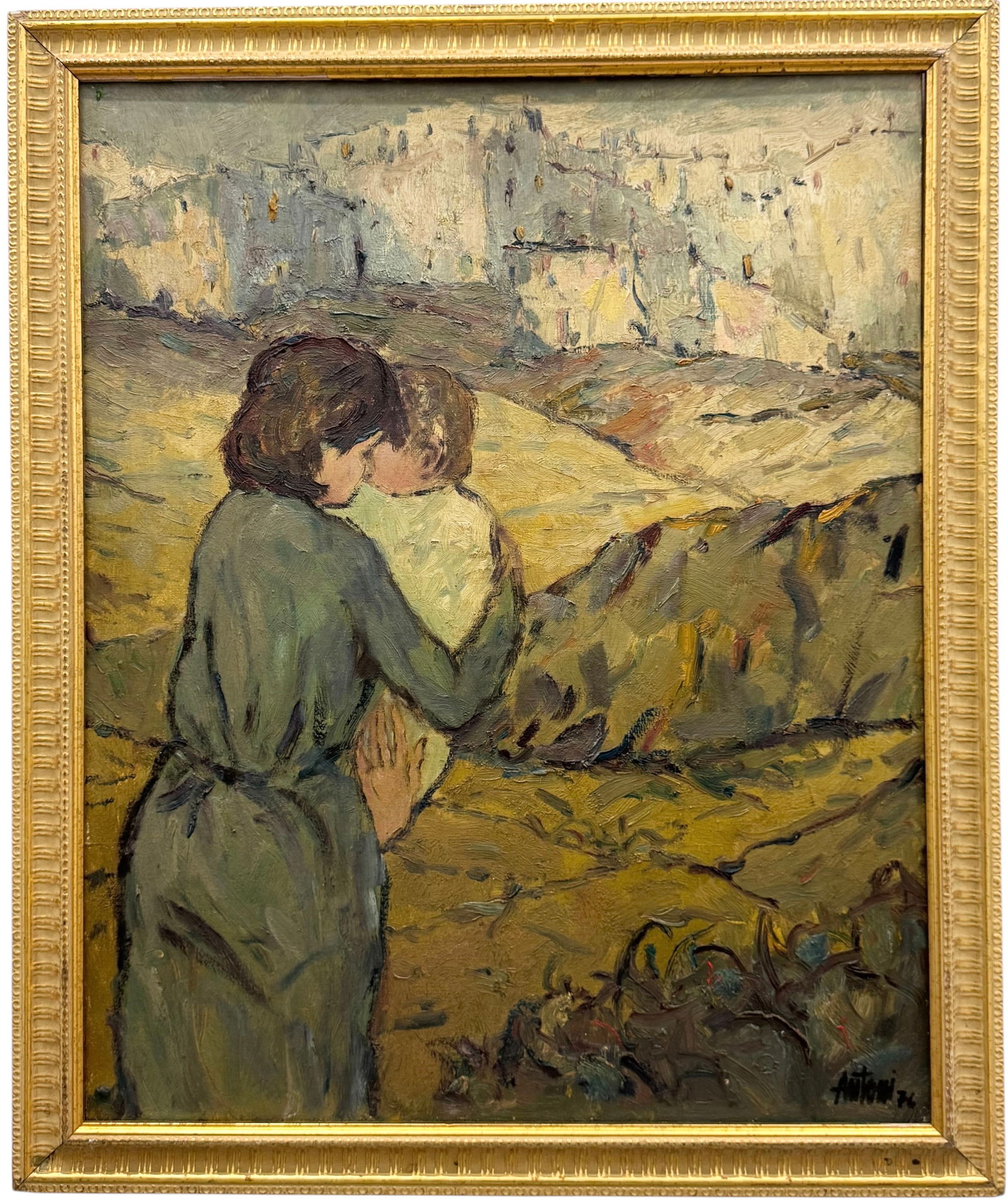 Mid-Century European Modernist Mother & Child In Landscape Signed Oil Painting (1 of 4)