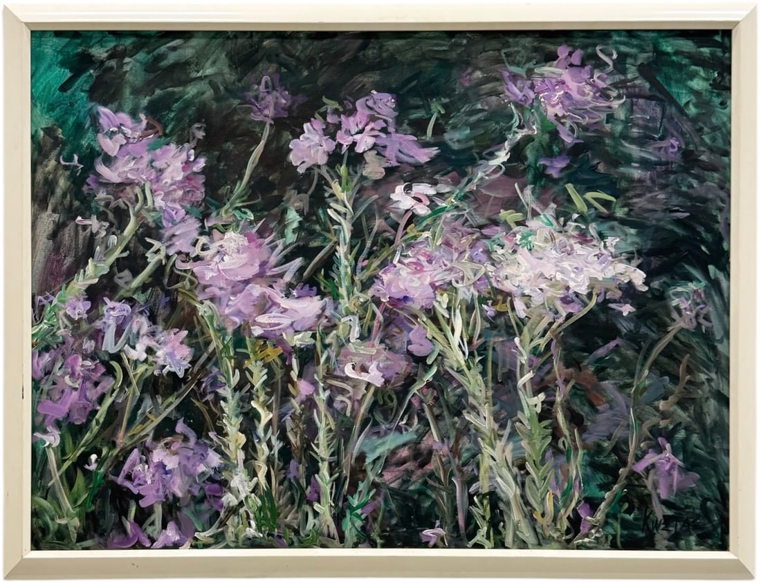 Large American Impressionist Landscape Of Purple Flowers Signed Oil Painting: Oil painting on canvas 40 x 30 in, 43 x 33 in (framed). Domestic Flat Shipping Price: $130