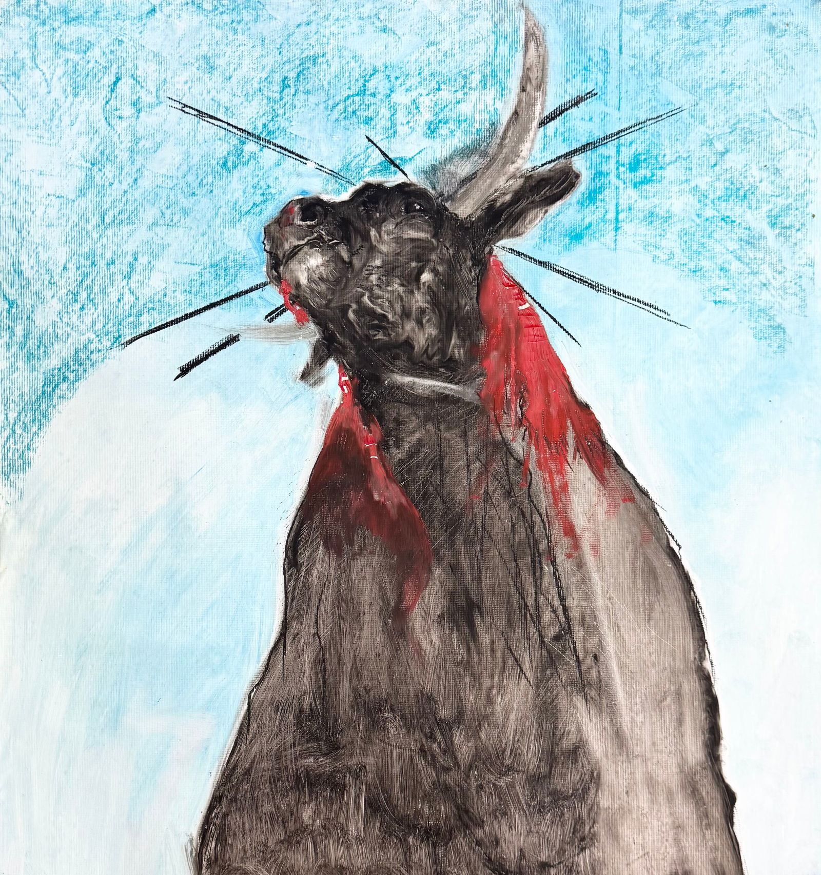 JUAN LUIS ILISASIGUI (b. 1964 Cuba) Bloody Bull Abstract: Oil on canvas 43 x 39 1/2 in (un-stretched). Domestic Flat Shipping Price: $65 (Rolled)