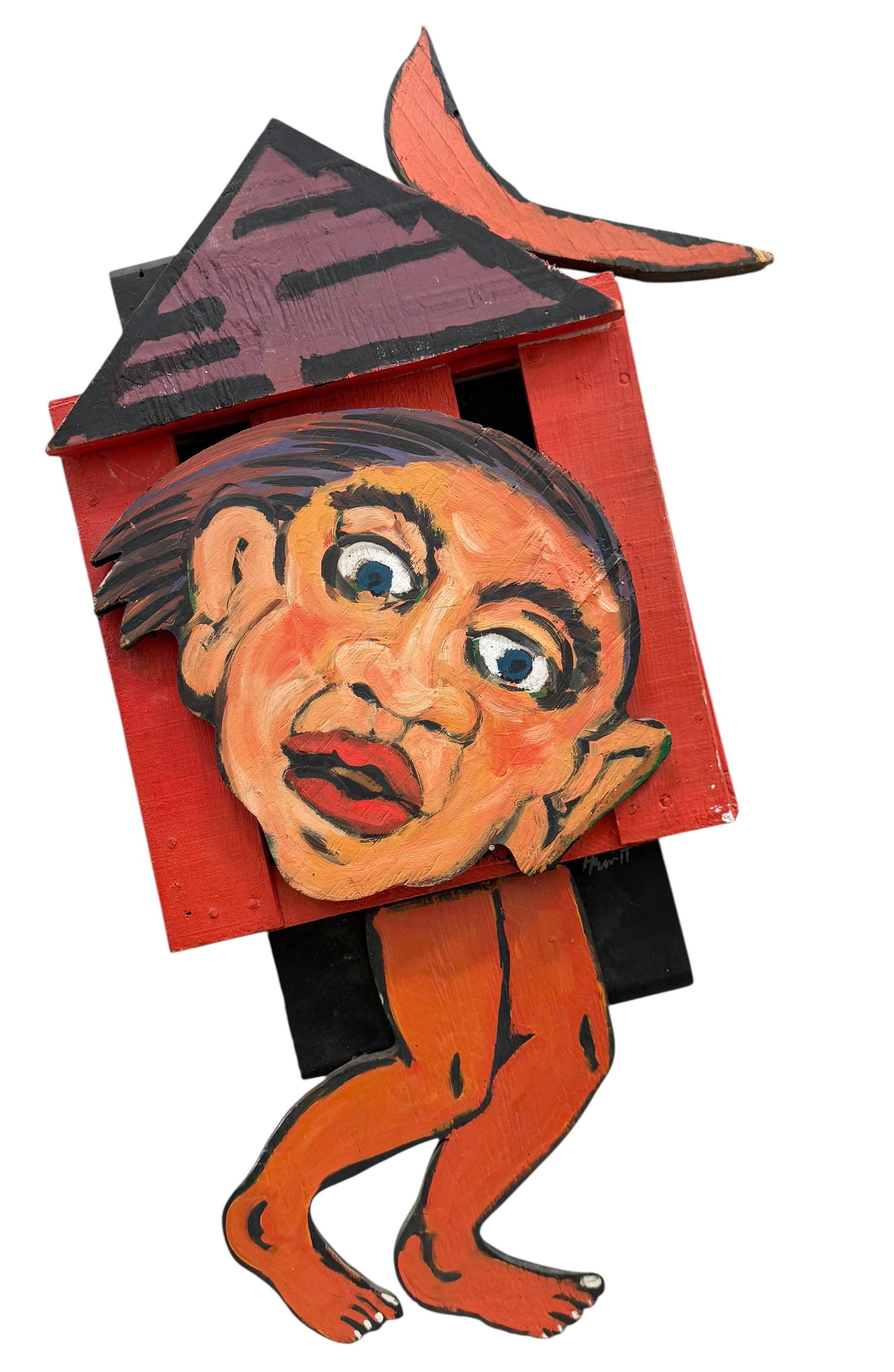 Vintage 1980's Hand Painted Wood Assemblage "The House Is Alive" Signed Hewitt: Oil on wood 32 x 18 x 3 in. Domestic Flat Shipping Price: $80