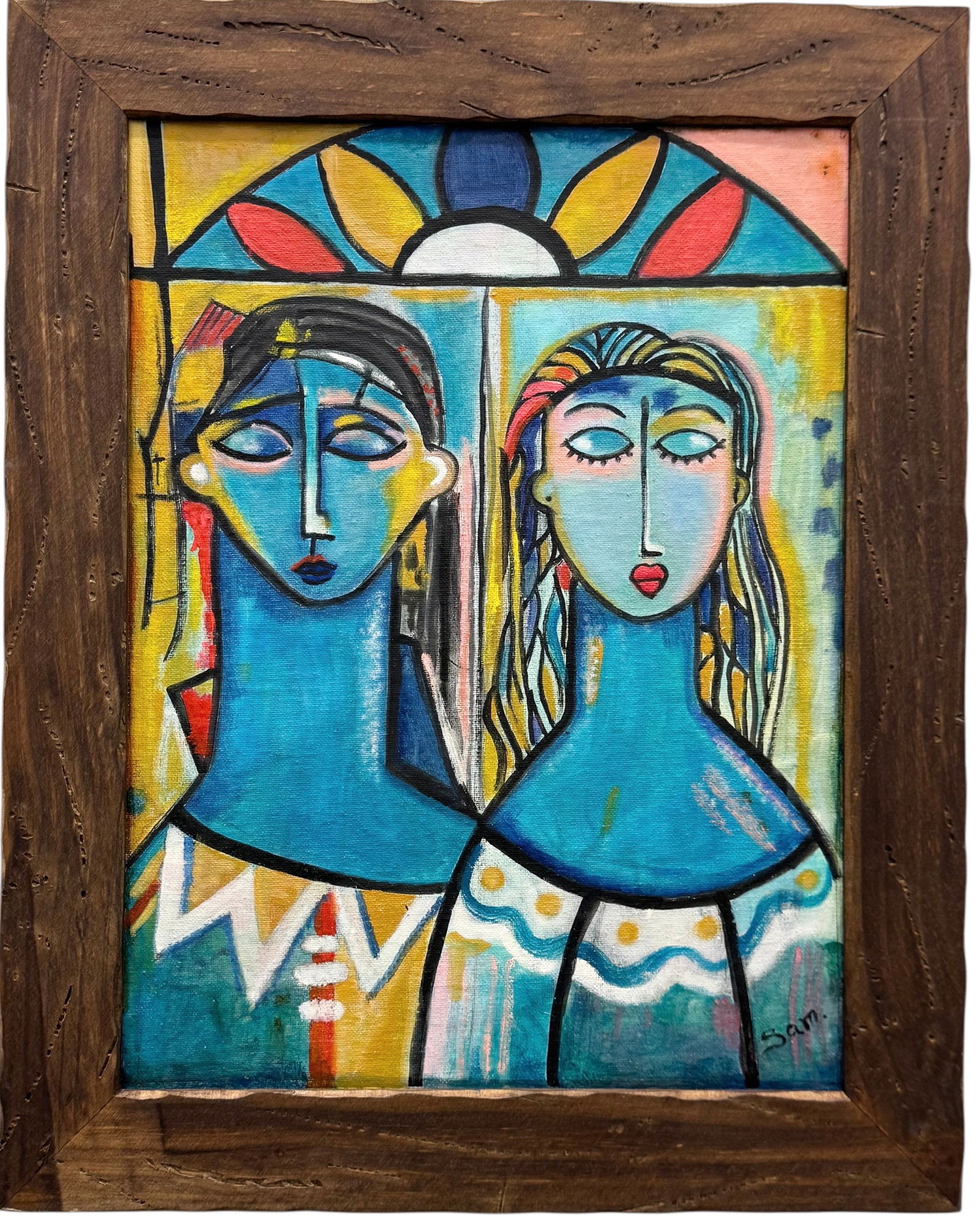 Contemporary Abstract With Figures Signed Sam Oil On Board: Oil painting on board 20 x 16 in (framed). Domestic Flat Shipping Price: $55
