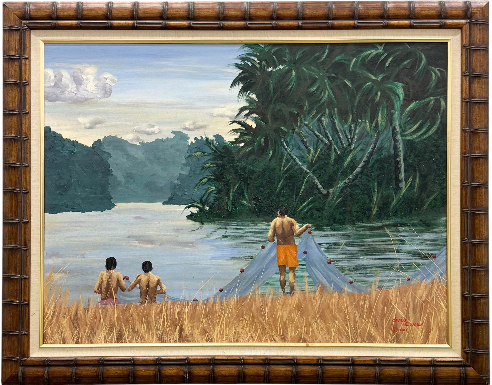 Large Southeast Asian Signed Tropical Landscape Painting With Fisherman (1 of 3)