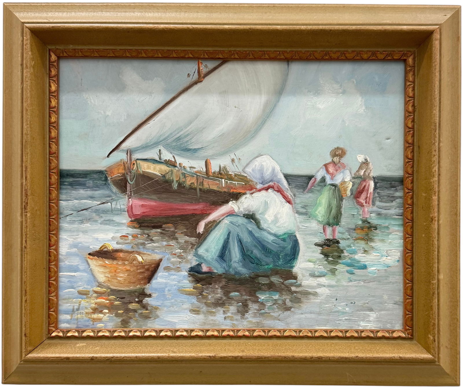 Impressionst Figures Along The Shore In The Ocean With Boat Signed Oil Painting (1 of 3)