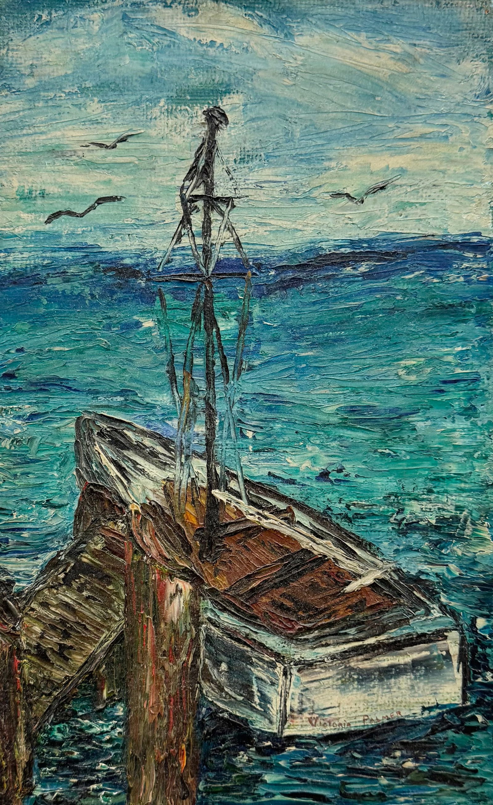 VICTORIA PALMER Early 20th Century American Impressionist Seascape With Boat (1 of 3)