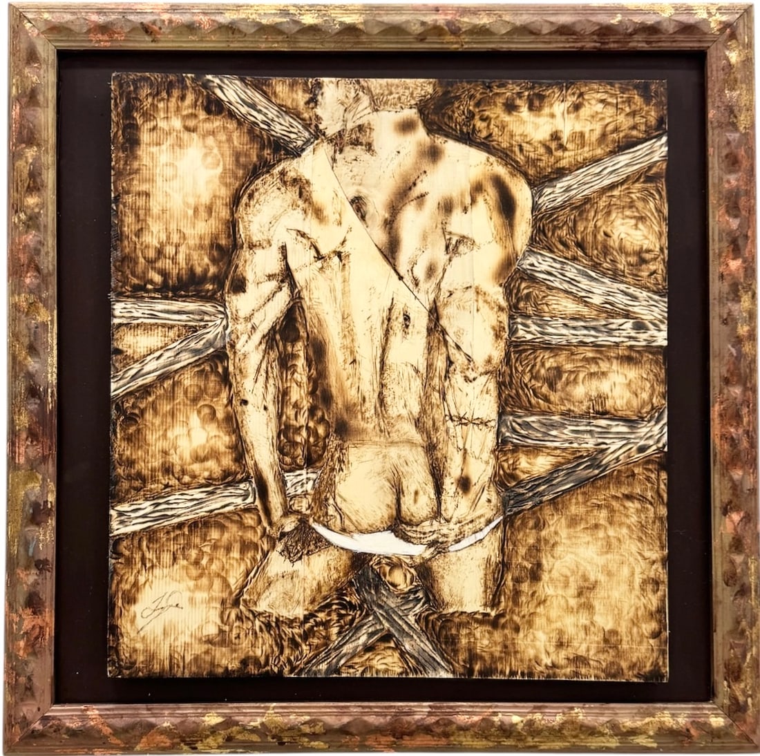 Nicely Framed Modenist Male Nude Burnt Wood Signed Abstarct: 19 1/2 x 20 1/2 in, 26 x 26 1/2 in (framed). Domestic Flat Shipping Price: $90