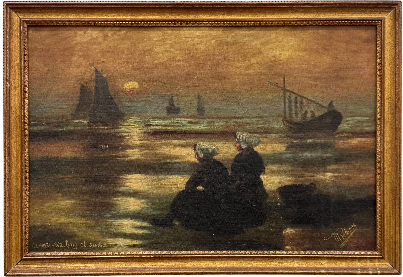 Dutch School Toalist Olanda Coastal Scene With Figures On The Beach Signed Painting (1 of 4)