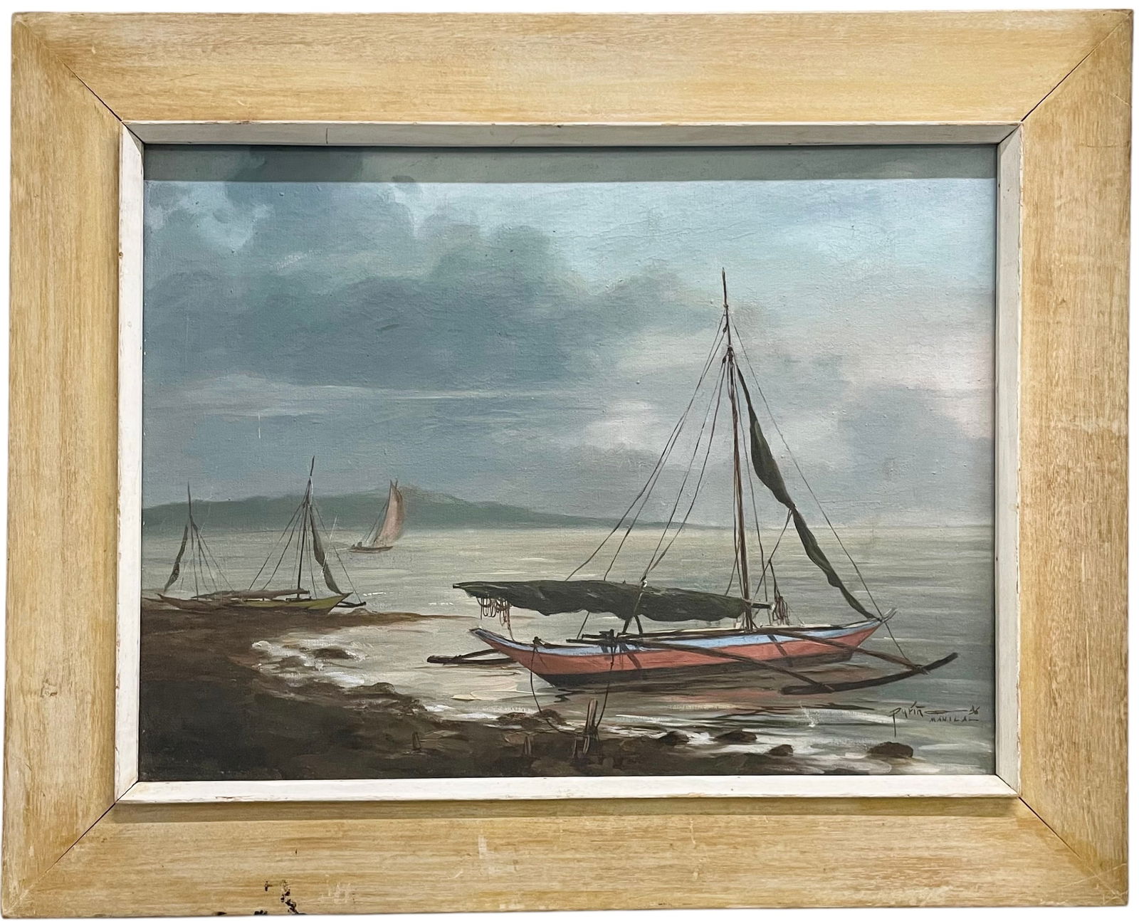 Vintage Filipino Tonalist Harbor Scene Signed Oil Painting: Oil painting on canvas 18 x 24 in, 24 1/2 x 30 1/2 in (framed). Domestic Flat Shipping Price: $90