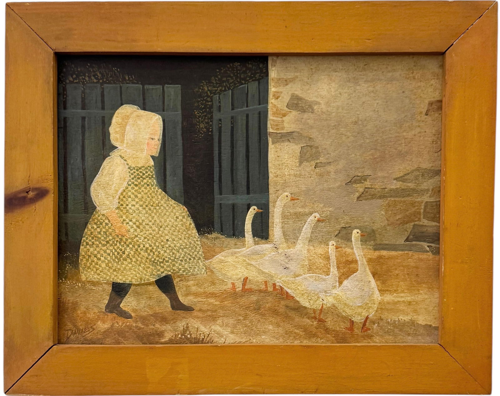 JEANNE DAVIES (b. 1936, American) Folk Art, Girl With Geese: Oil painting on board 13 x 10 in, 16 x 13 in (framed). Domestic Flat Shipping Price: $45