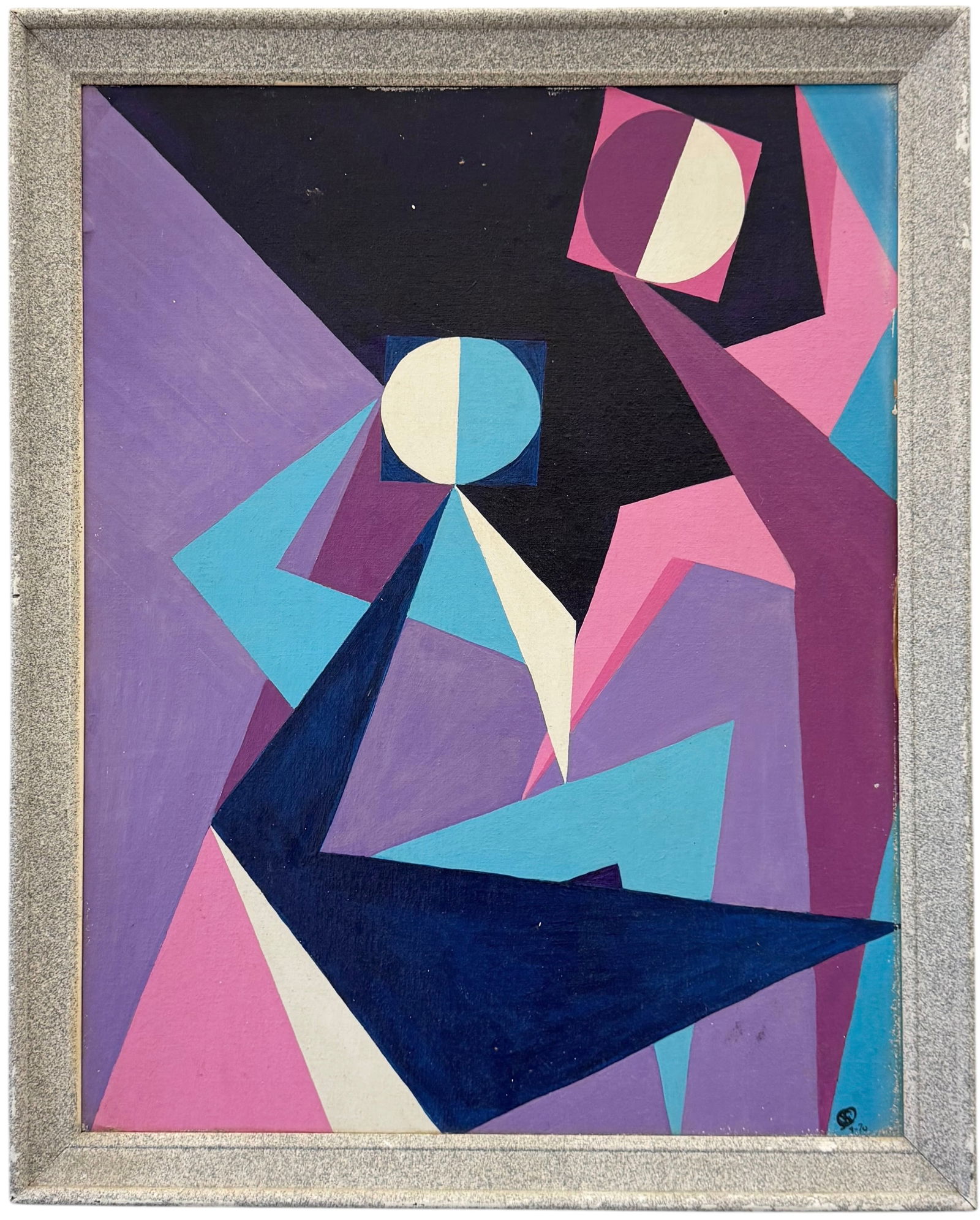 SOFIA MORALES (20th c, Latin American) Mid-Century Geomtric Abstract 1970: Oil painting on board 30 x 25 in. Domestic Flat Shipping Price: $90