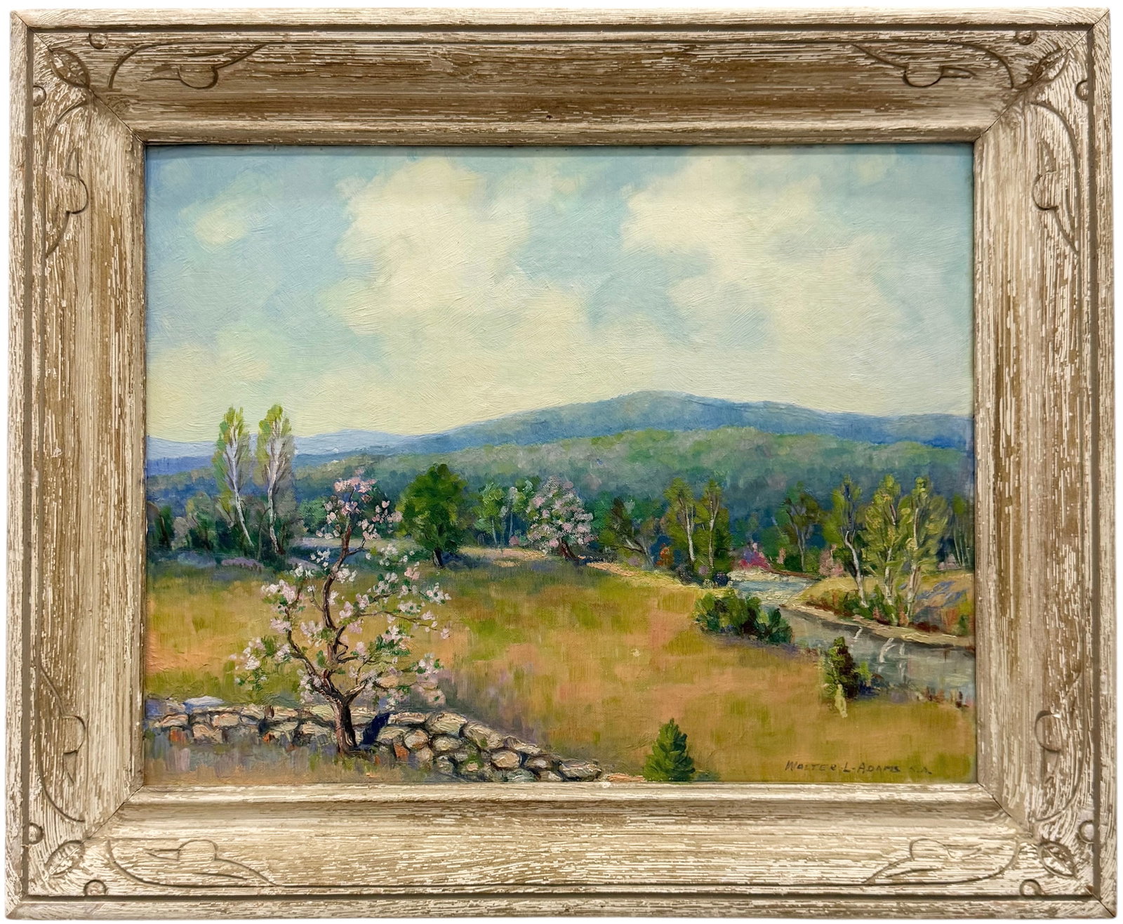 WALTER L ADAMS (1897-1966, American) Berkshire Meadows 1947: Oil painting on board 14 x 18 in, 19 x 23 in (framed). Domestic Flat Shipping Price: $55