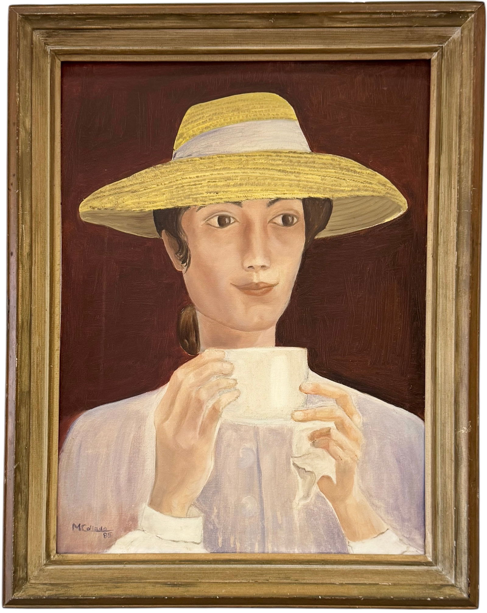 MAURICIO COLLADA (20th c, Cuban) Portrait Of A Woman Drinking Coffee: Oil painting on canvas 24 x 18 in, 28 x 22 in (framed). Domestic Flat Shipping Price: $80