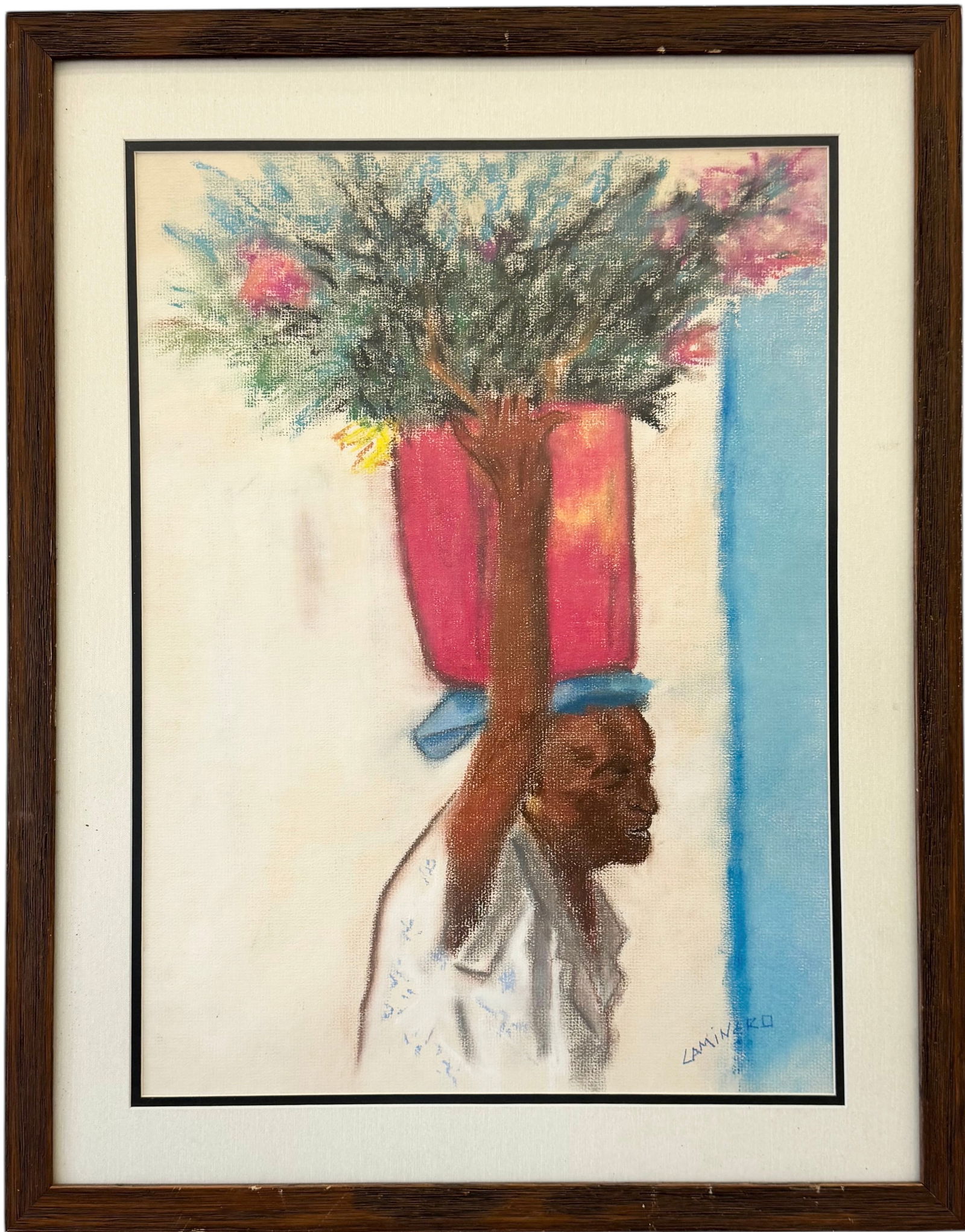 MAXIMO CAMINERO (b. 1962, Domincan Republic) Flower Vendor: Pastel on paper 24 x 17 1/2 in, 31 x 24 1/2 in (framed). Domestic Flat Shipping Price: $90