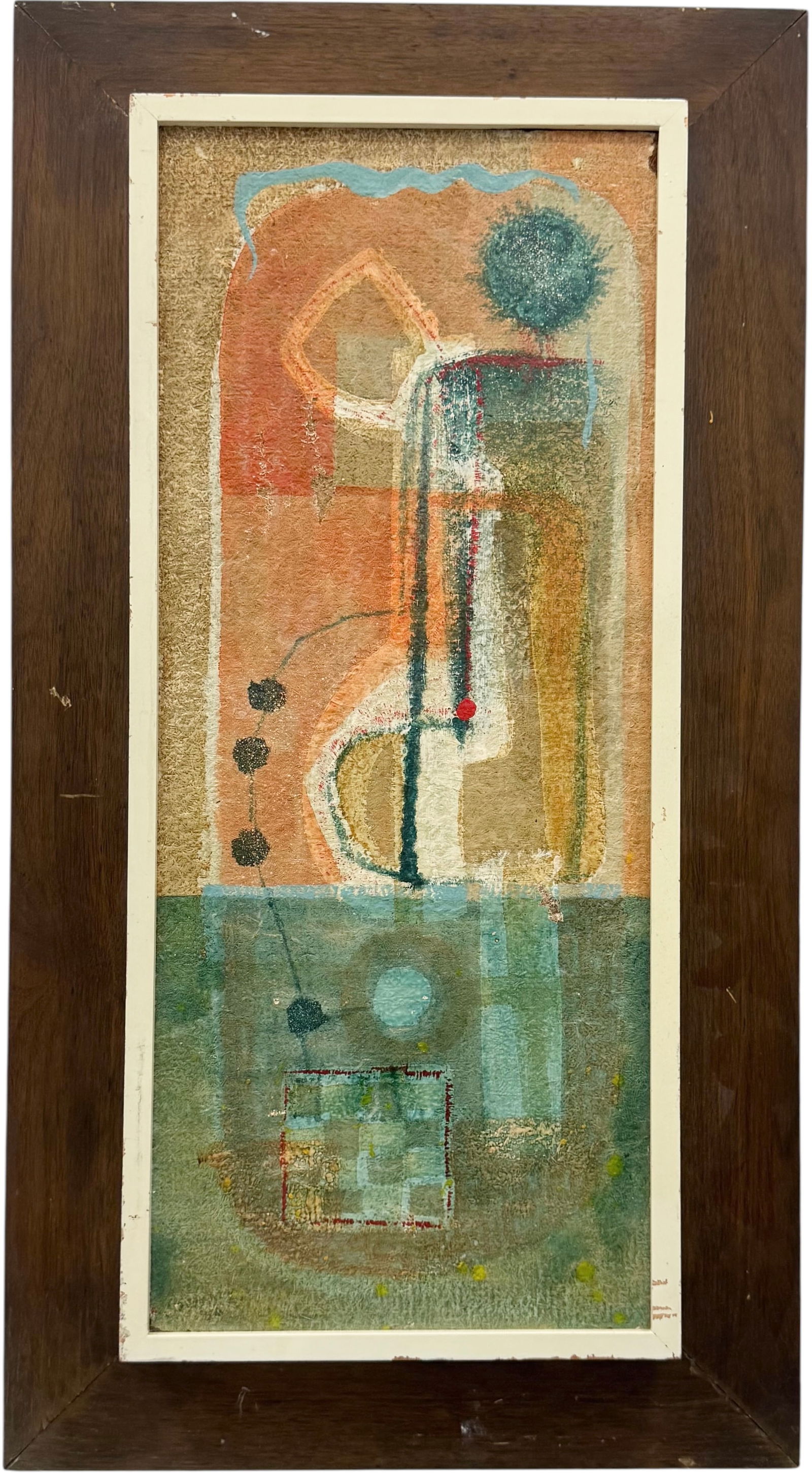 1950's Mid-Century Modern Abstract Expressionist Signed Illegibly Dated 1956: Oil painting on masonite 24 x 10 in, 30 1/2 x 16 1/2 in (framed). Domestic Flat Shipping Price: $80