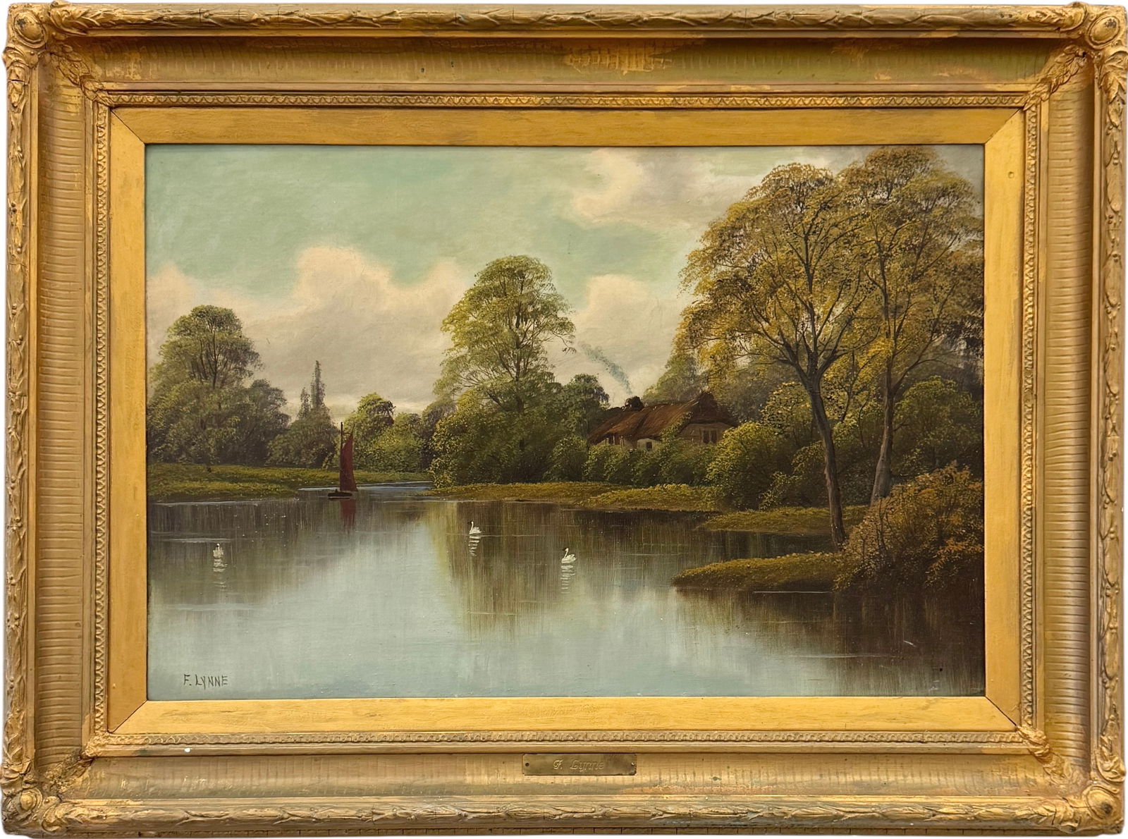 F LYNNE 19th Century English School Landscape In Antique Fluted Cove Frame: Oil painting on canvas 32 1/2 x 22 1/2 in, 39 1/2 x 29 1/2 in (framed). Domestic Flat Shipping Price: $120