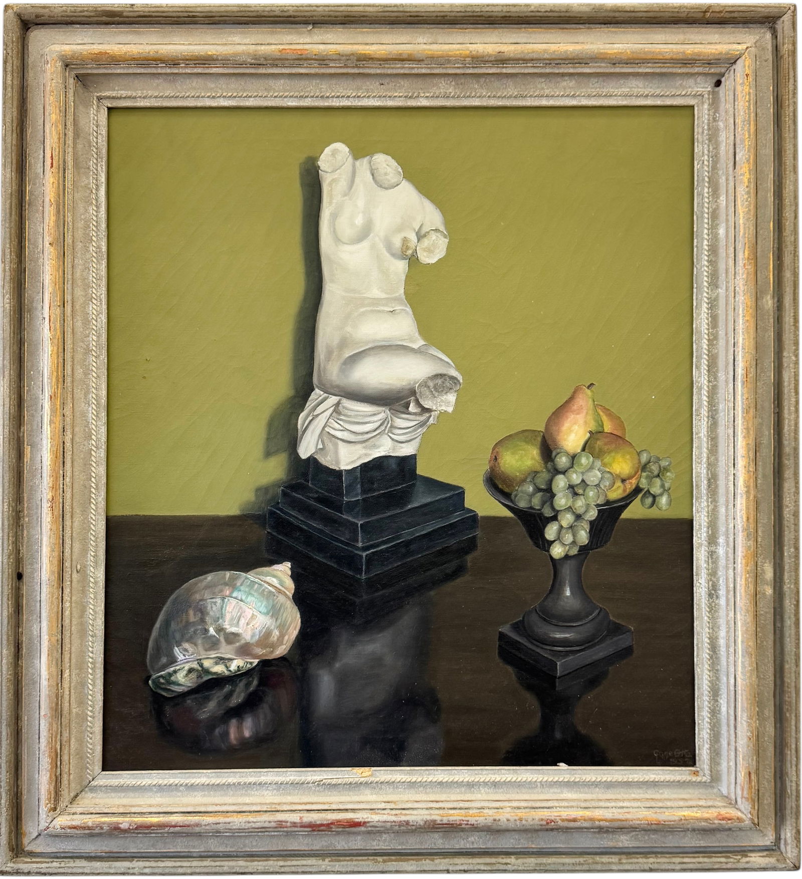 GENE OTTO (20th c, American) Composition With Torso II, Still Life 1957: Oil painting on canvas 29 x 26 in, 37 x 34 in (framed). Domestic Flat Shipping Price: $120