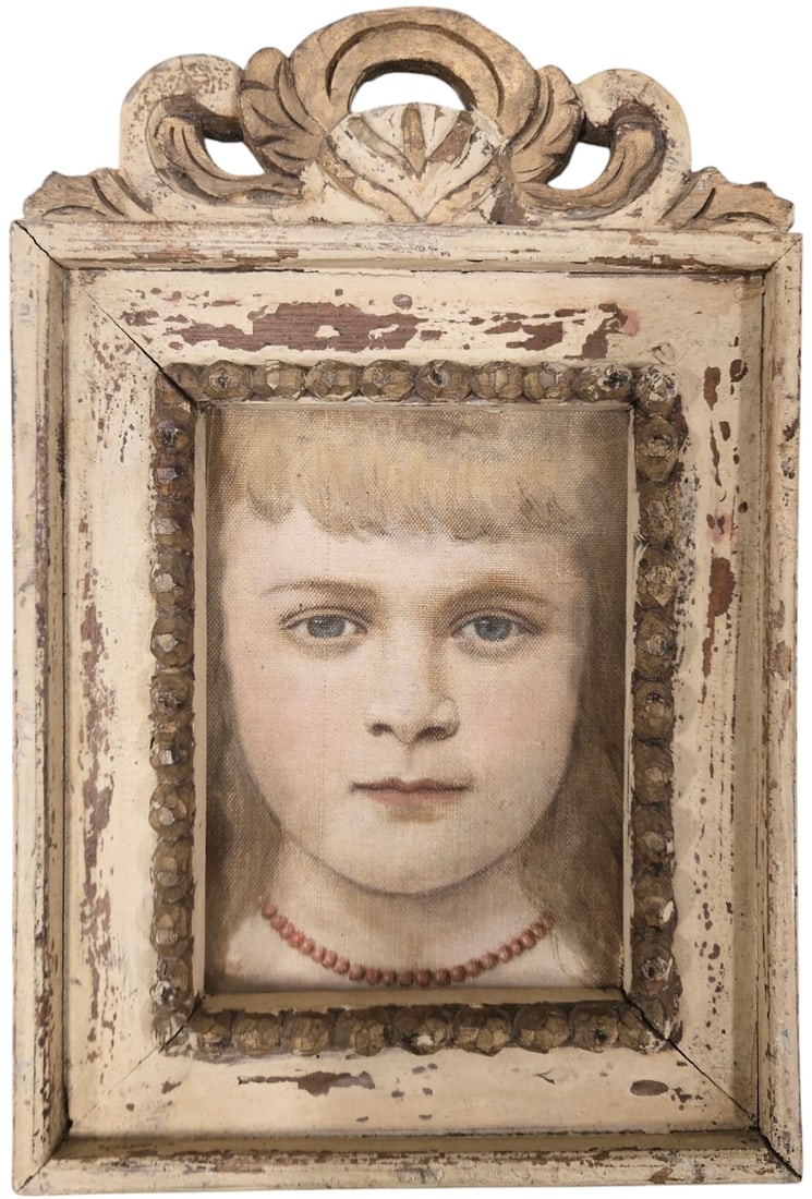 19th Century Victorian Portrait Of A Girl In Ornate Wood Frame: Oil painting 5 x 7 in, 9 x 11 in (framed). Domestic Flat Shipping Price: $55