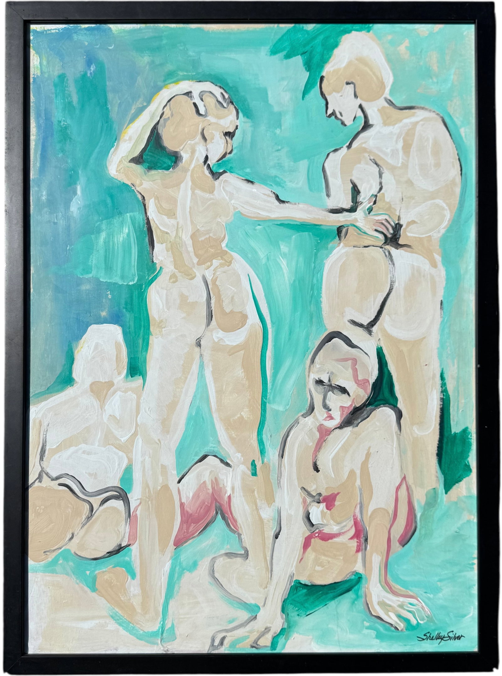 SHELLEY SILVER (20th c, American) Nude Figures: Acrylic 33 1/2 x 24 1/2 in (framed). Domestic Flat Shipping Price: $90