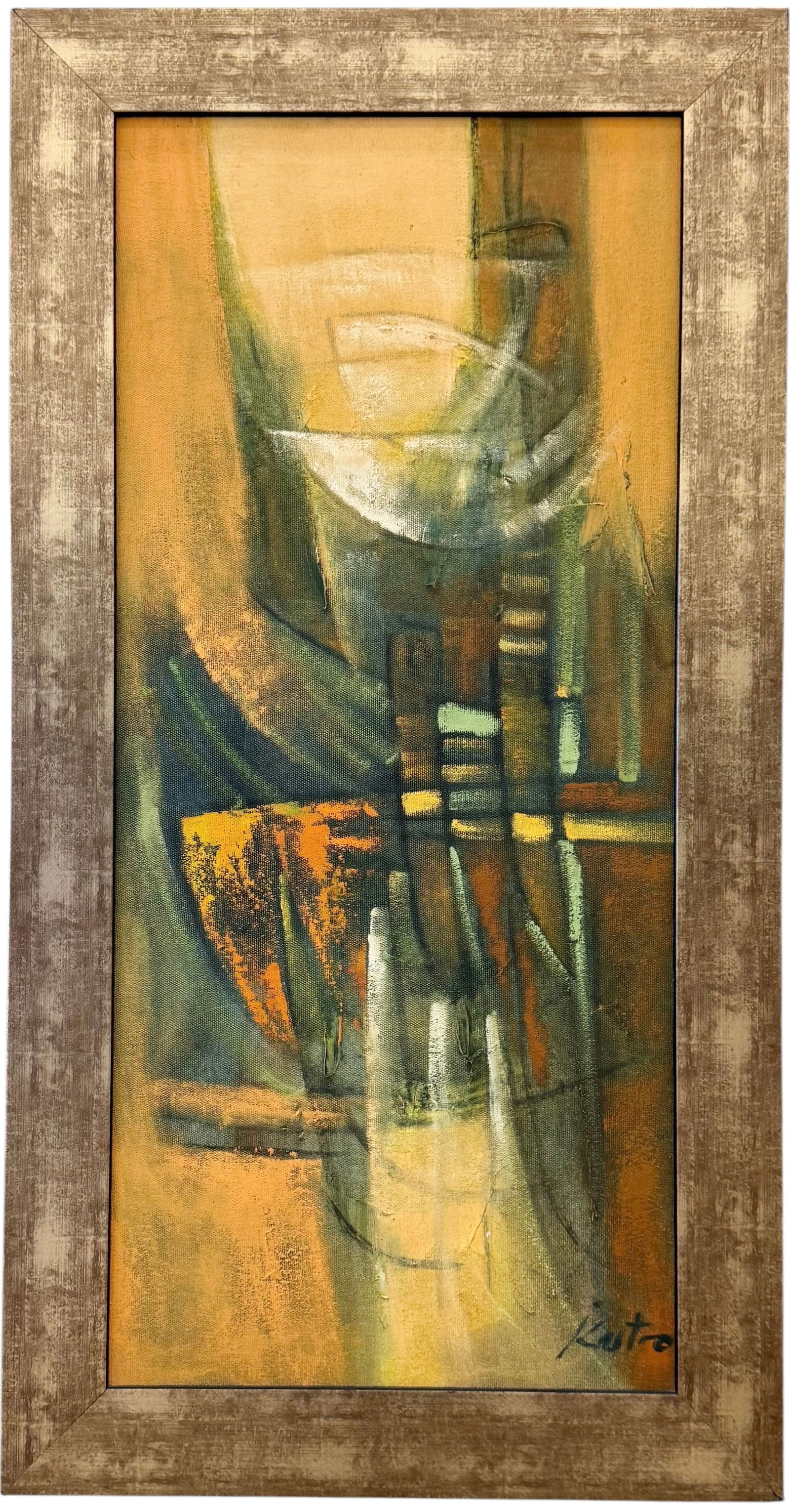 Costa Rican Abstract Expressionist Painting Signed KASTRO: Oil painting on canvas 36 1/2 x 16 1/2 in, 42 x 22 in (framed). Domestic Flat Shipping Price: $90