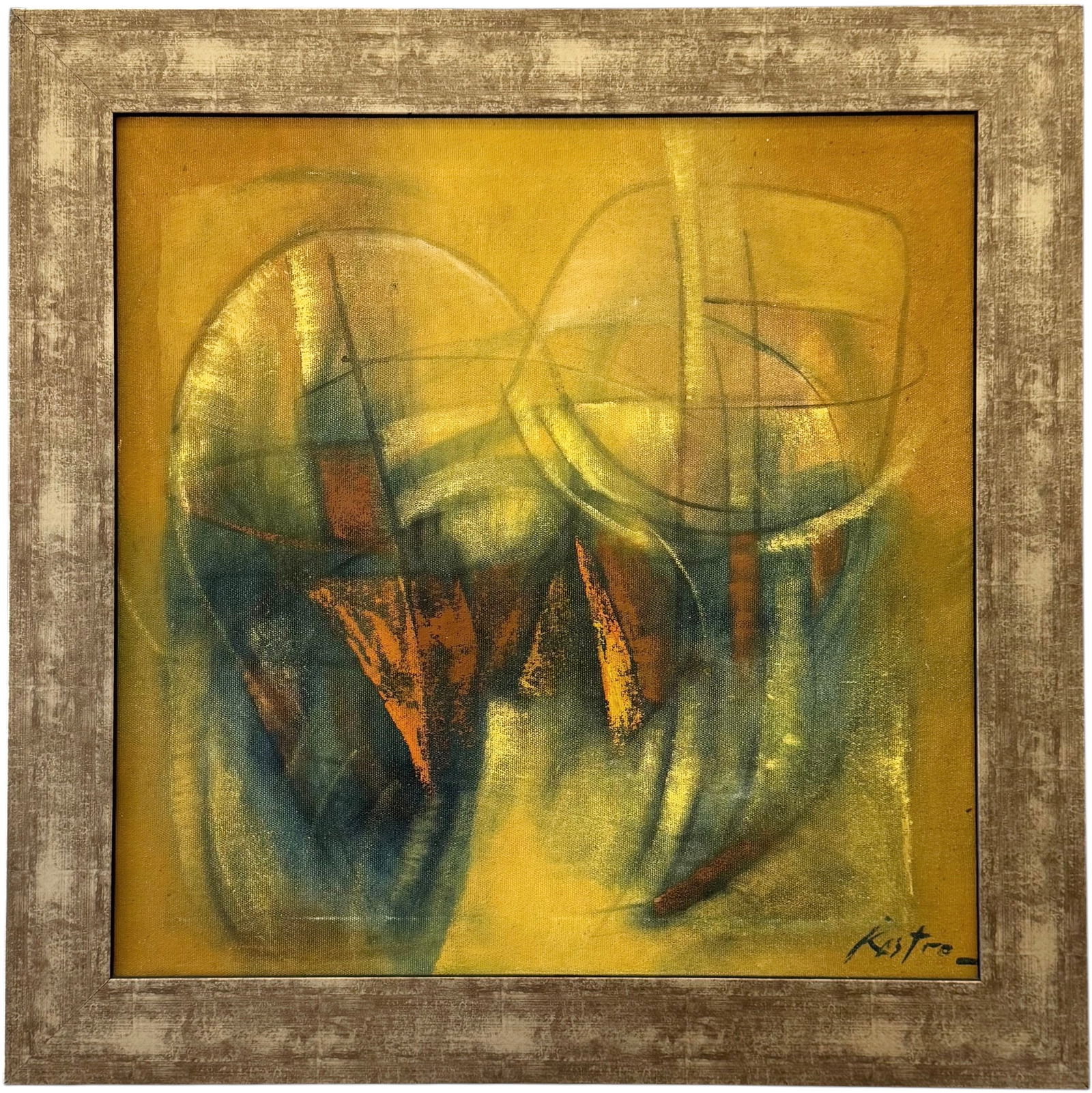 Costa Rican Abstract Expressionist Painting Signed KASTRO: Oil painting on canvas 25 x 25 in, 30 x 30 in (framed). Domestic Flat Shipping Price: $90