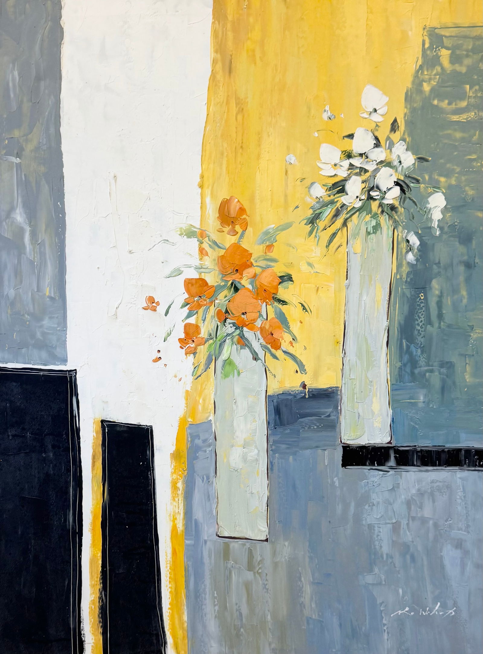Large Signed Modernist Still Life Of Flowers Oil Painting On Canvas: Oil painting on canvas 45 x 33 in. Domestic Flat Shipping Price: $120
