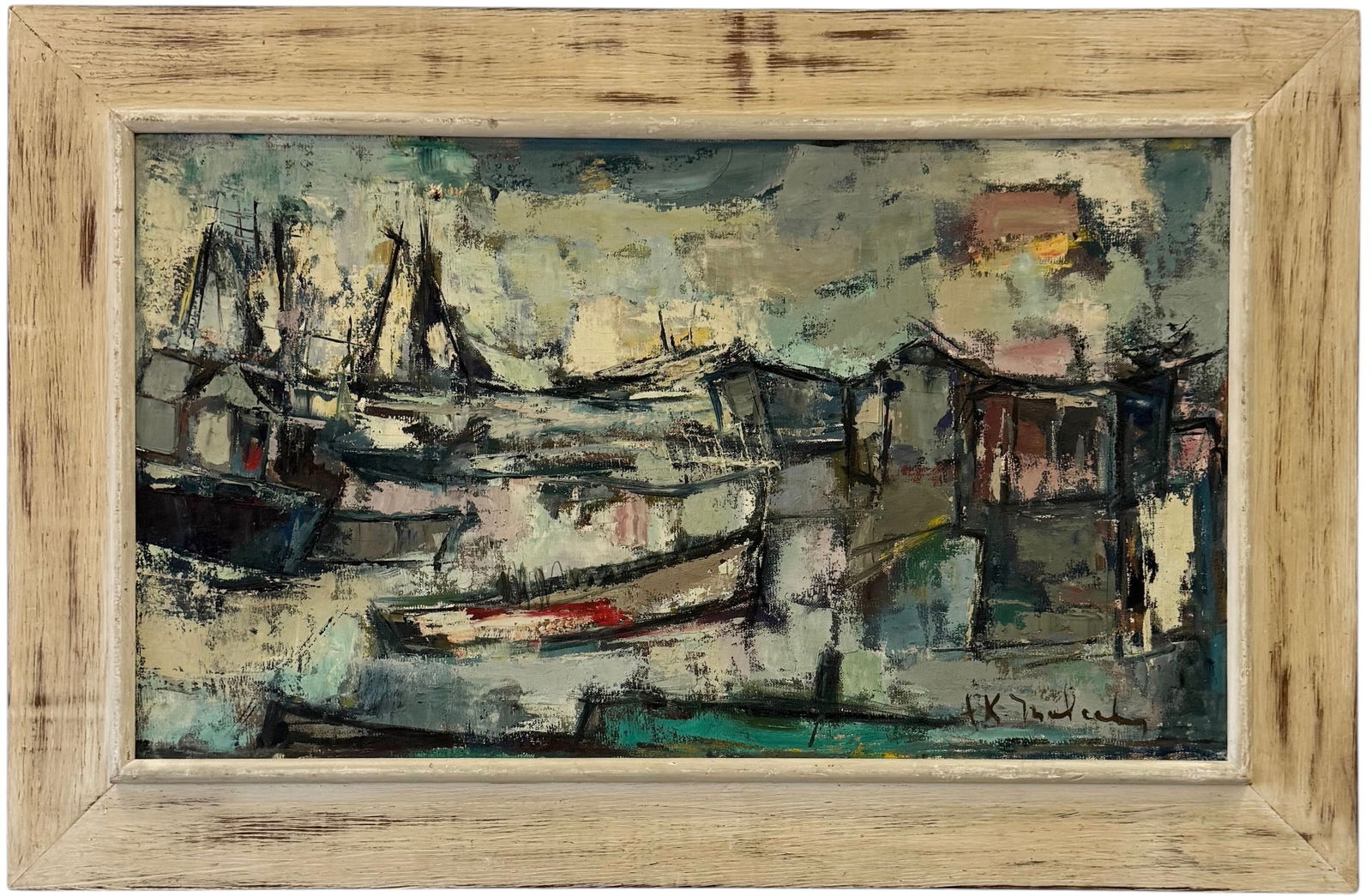 Mid-Century Modernist French School Harbor Scene Signed Oil Painting: Oil painting on canvas 28 x 16 in, 34 1/2 x 22 1/2 in (framed). Domestic Flat Shipping Price: $80