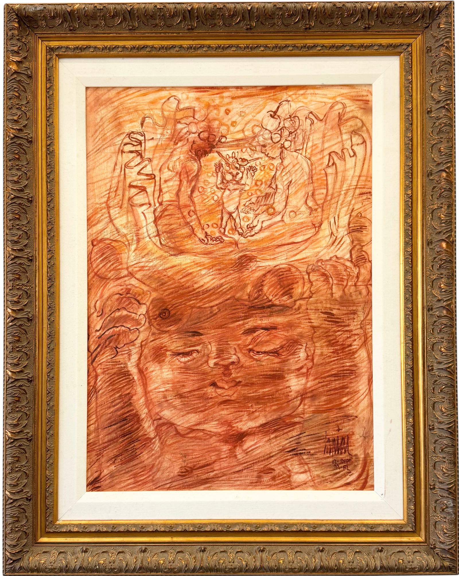 VICTOR TAPIAS (b.1952, Colombia ) Abstract With Figures: Acrylic painting on canvas 26 1/2 x 18 1/2 in, 36 x 28 in (framed). Domestic Flat Shipping Price: $80