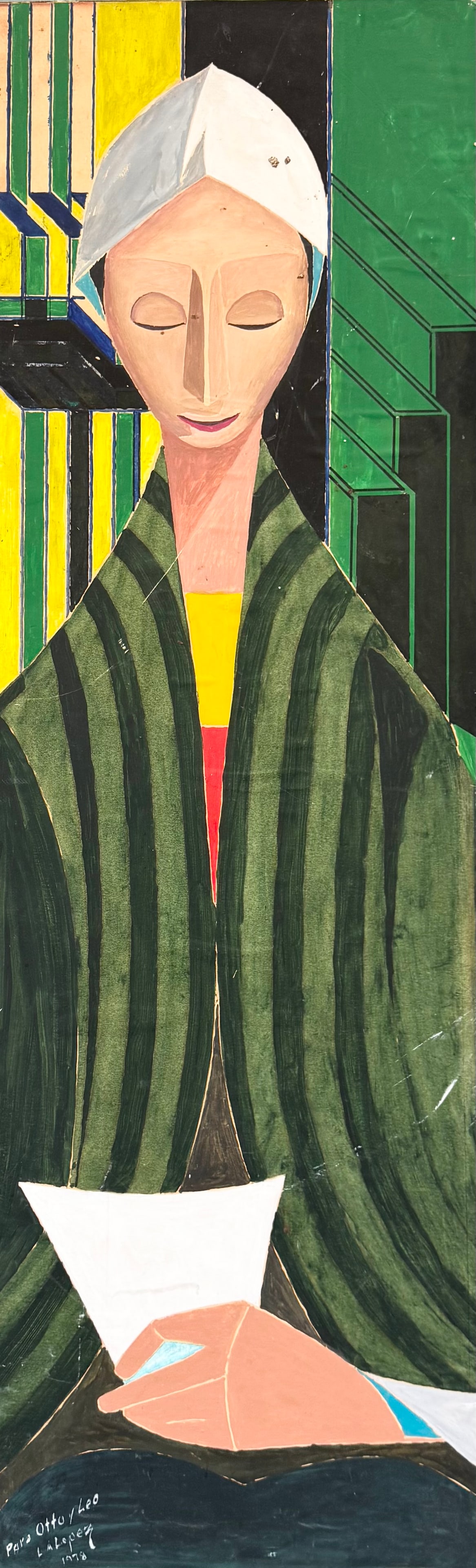 1970's Latin American School Signed Cubist Portrait Oil On Masonite: Oil painting on masonite 33 1/2 x 10 1/2 in. Domestic Flat Shipping Price: $55