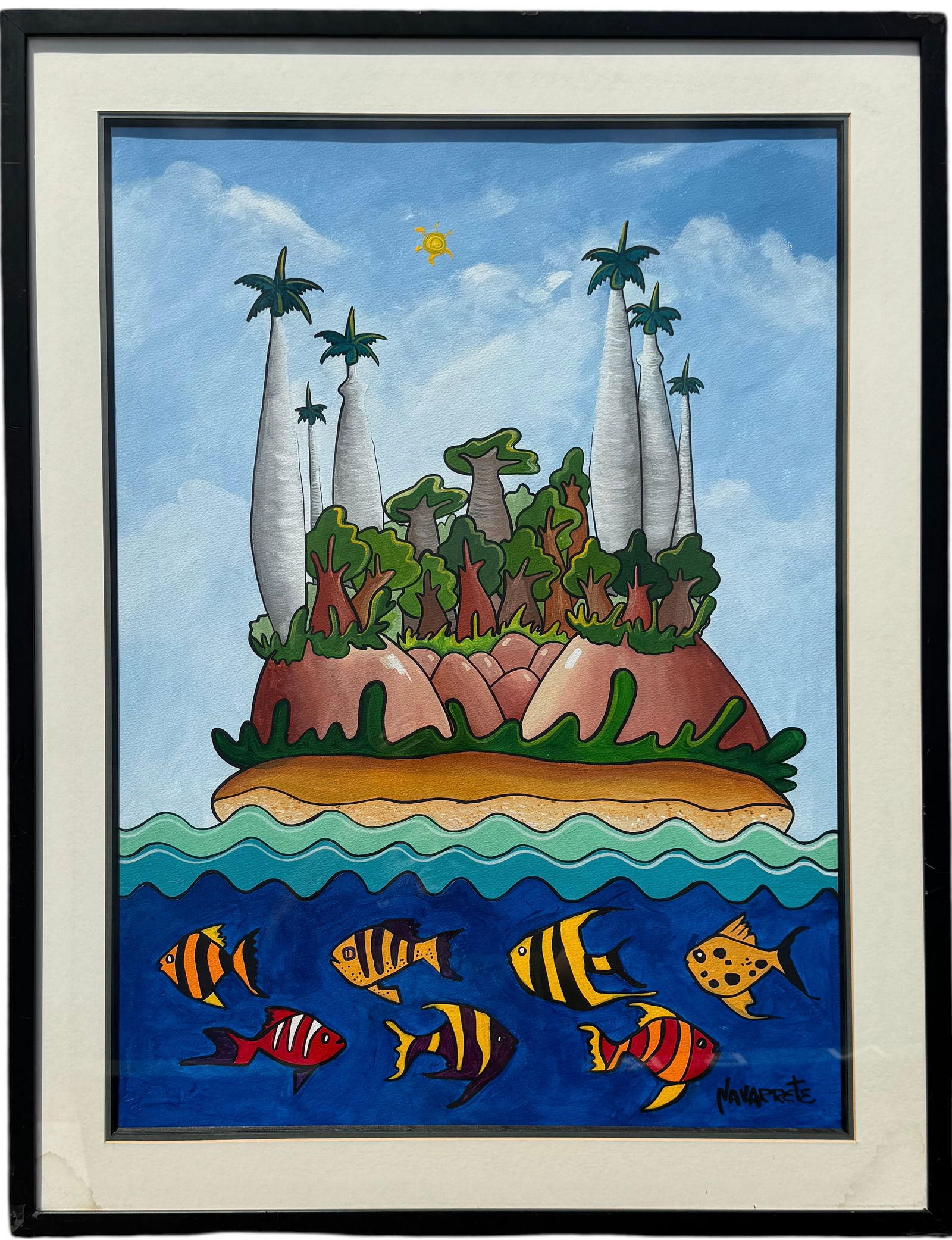 JUAN A NAVARETTE (b. 1952, Cuban) Island Landscape With Fish: Nicely framed acrylic on painting 29 1/2 x 20 1/2 in (sight), 35 x 27 in (framed). Domestic Flat Shipping Price: $110
