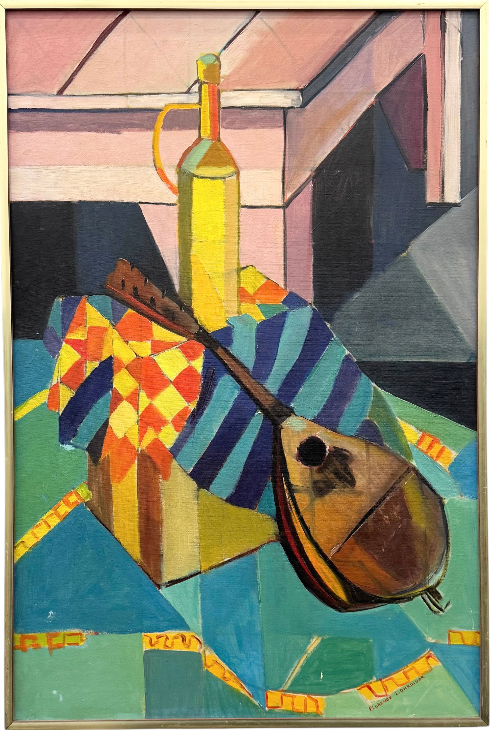 FLORENCE L. OHRINGER American Mid-Century Cubist Still Life With Guitar: Oil painting on canvas 36 x 24 in. Domestic Flat Shipping Price: $80