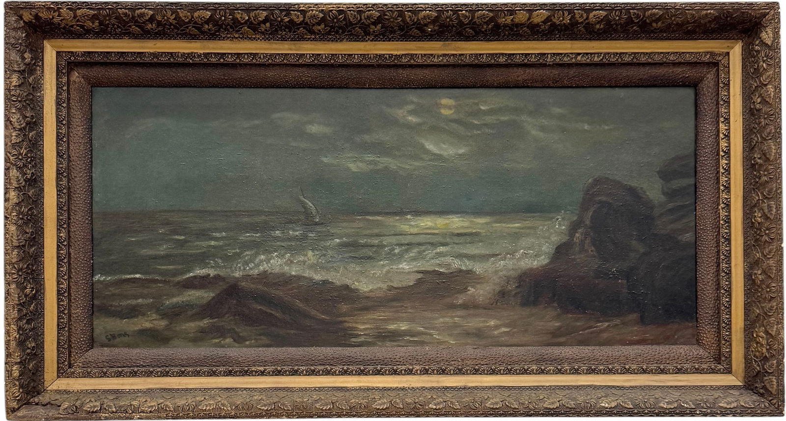 19th English School Moonlit Seascape With Crashing Waves Signed Oil Painting: Oil painting on canvas 25 x 11 in, 30 x 16 in (framed). Domestic Flat Shipping Price: $80