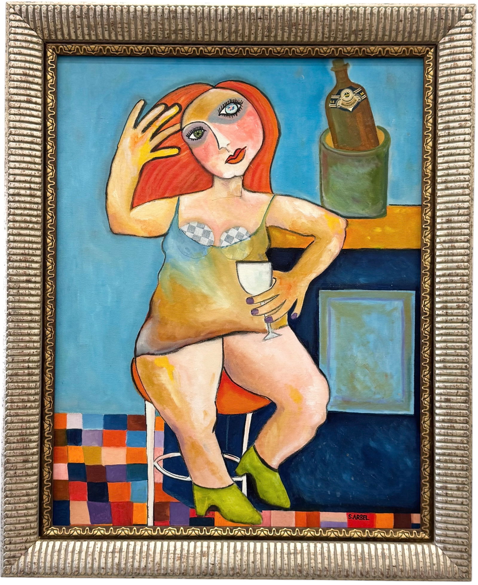 Nicely Framed Cubist Woman Drinking Signed Signed Oil On Canvas: Acrylic painting on canvas 28 x 22 in, 33 x 27 in. Domestic Flat Shipping Price: $90