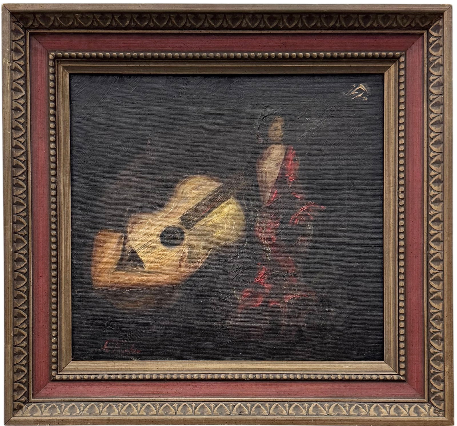 JO RUBIO MId-Century Musical Abstract With Figures Oil On Canvas: Oil painting on canvas 14 x 13 in, 19 x 17 1/2 in (framed). Domestic Flat Shipping Price: $45