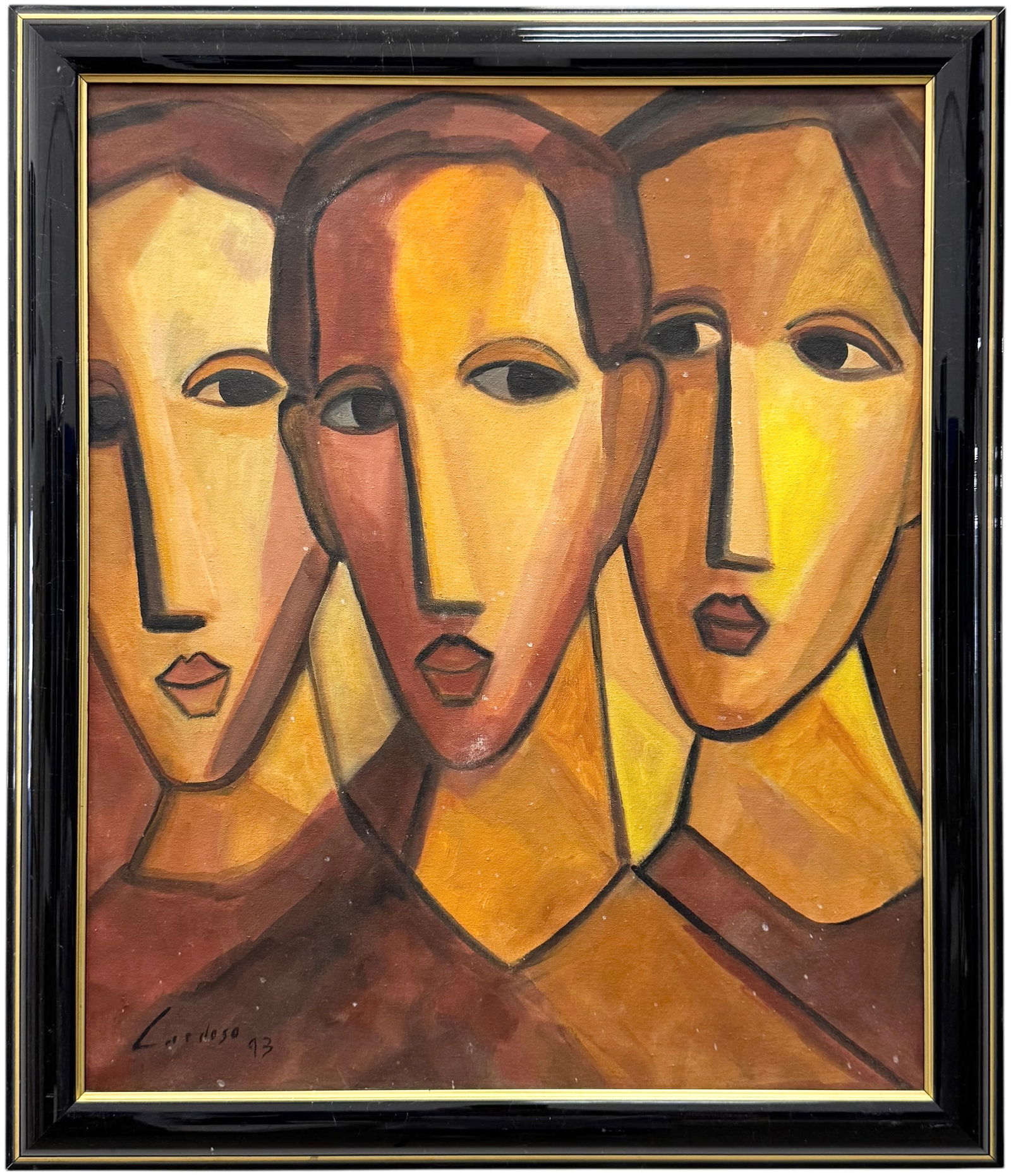 NEY CARDOSO (20th c, Brazilian) Three Figures: Oil painting on canvas 21 1/2 x 18 in, 25 x 21 in (framed). Domestic Flat Shipping Price: $80