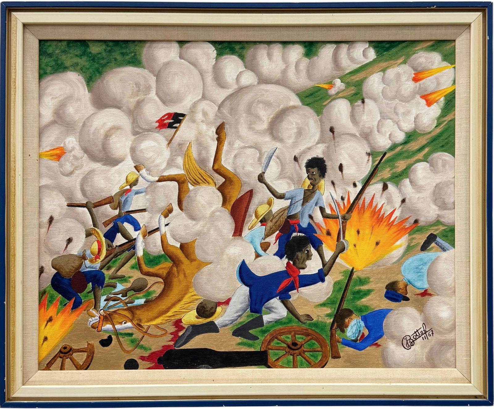 JEAN-BAPTISTE BOTTEX (1918-1978, Haitian) Battle Scene: Oil painting on board 21 x 17 in, 22 1/2 x 18 1/2 in (framed). Domestic Flat Shipping Price: $65