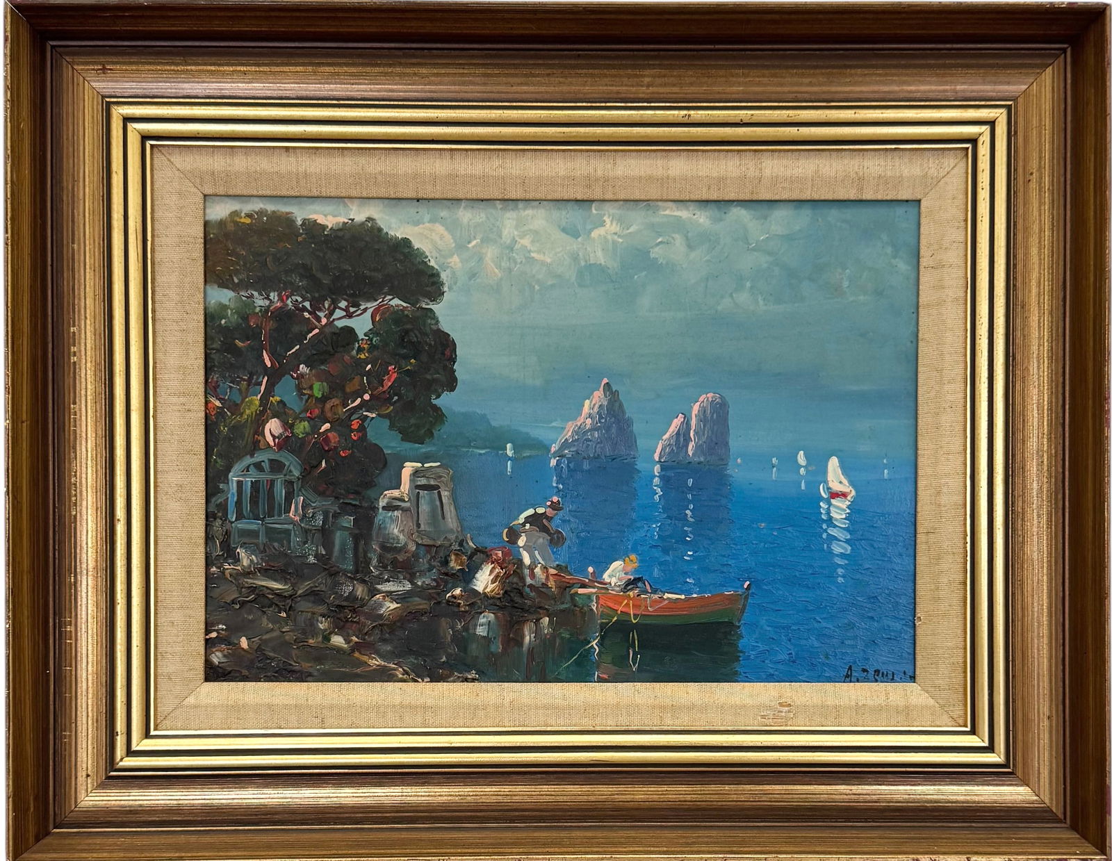 20th Century Impressionist Italian Neopoletan Coastal Landscape Signed Oil Painting: Oil painting on board 13 x 9 in, 18 1/2 x 14 1/2 in (framed). Domestic Flat Shipping Price: $45