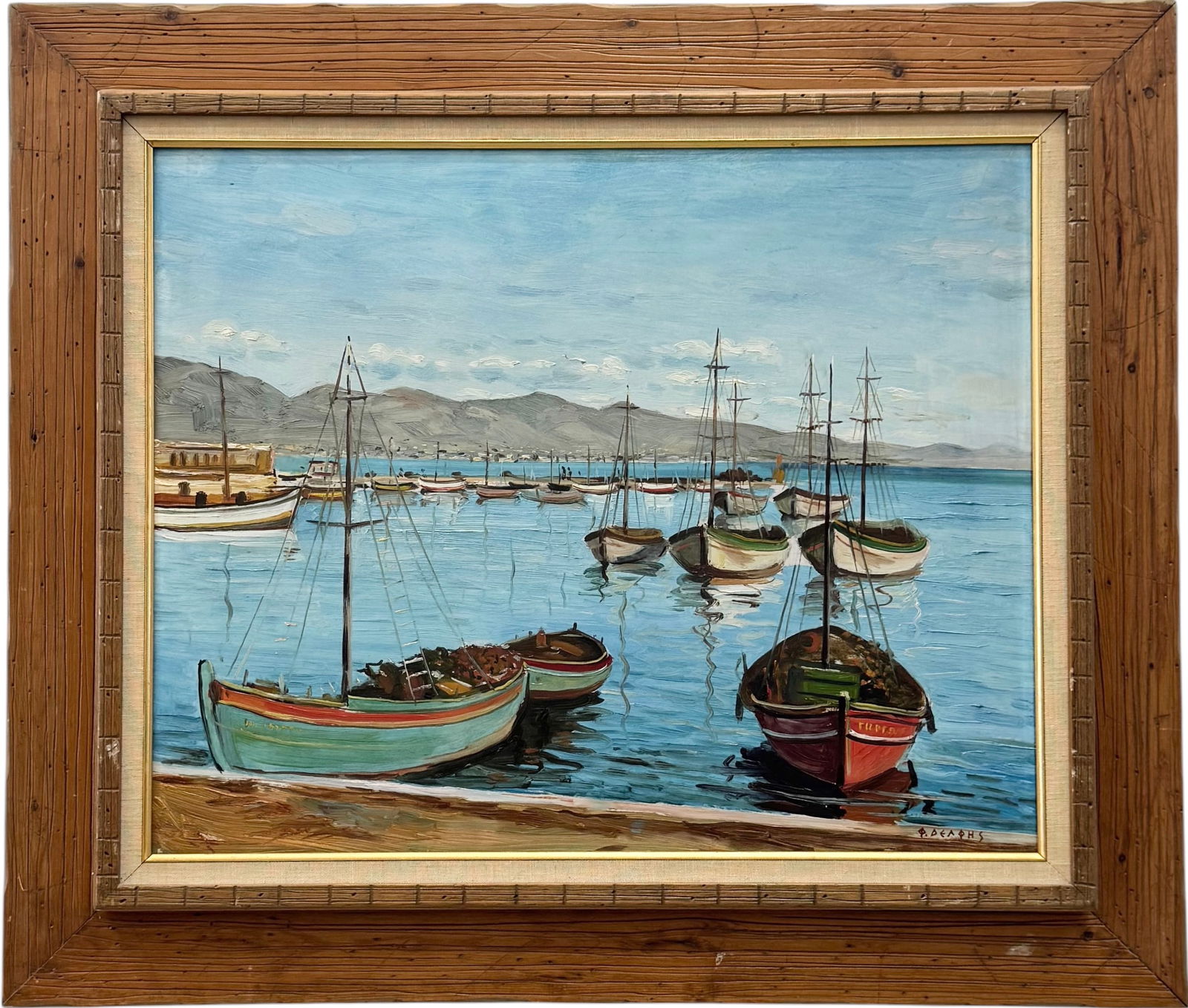 20th Century Greek Impressionist Harbor Scene Signed Oil On Canvas: Oil painting 23 x 19 in, 32 x 27 in (framed). Domestic Flat Shipping Price: $90