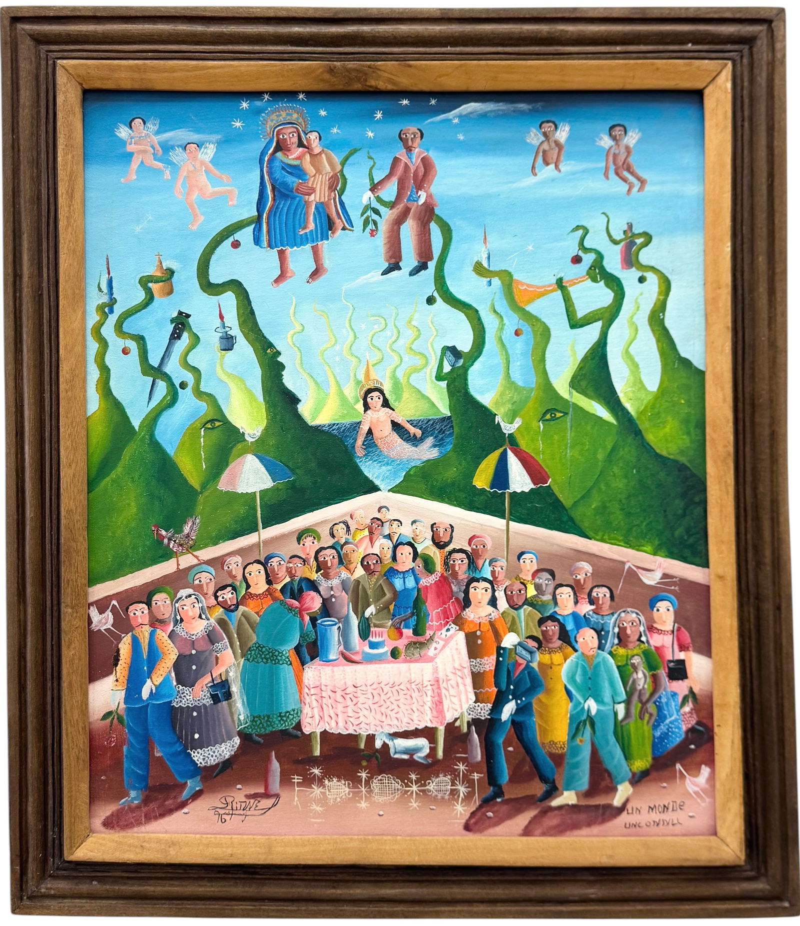 OBIN FRITZNER (b. 1967, Haitian) Surrealist Voodoo Scene: Oil painting on canvas 24 x 20 in, 29 x 25 in (framed). Domestic Flat Shipping Price: $80