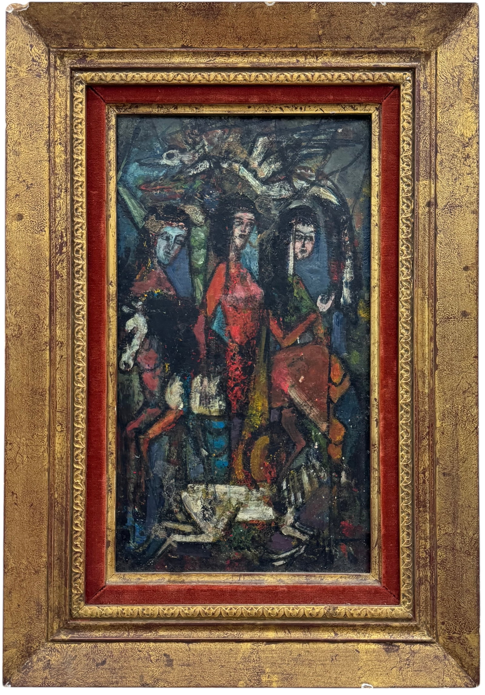 LUCIAN VERDI (20th c, French) Composition With Figures & Horse: Oil painting on board 14 x 8 in, 19 x 13 in (framed). Domestic Flat Shipping Price: $55