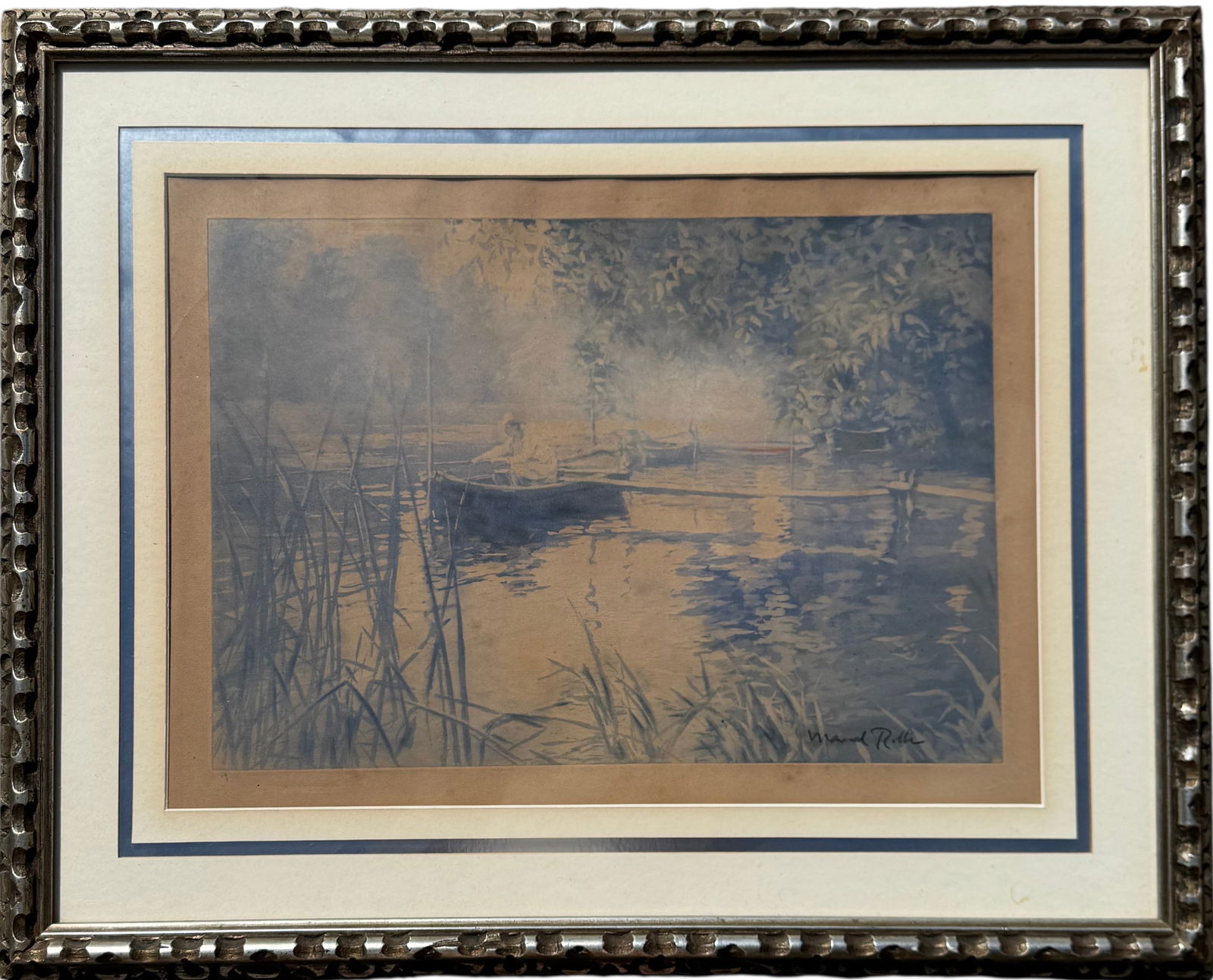 MANUEL ROBBE French Pencil Signed Aquatint Man On Rowboat Lake Scene: Size 19 1/2 x 13 1/2 in, 30 x 24 in (framed). Domestic Flat Shipping Price: $80