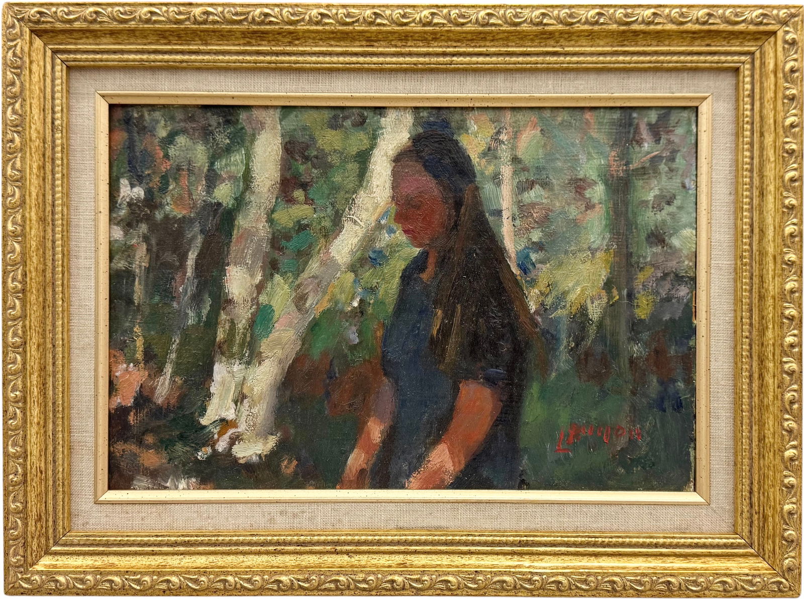 BERNARD LENNON (1914-1992, American) Impressionist Woman In Forest: Oil painting on board 12 x 8 in, 15 3/4 x 11 3/4 in (framed). Domestic Flat Shipping Price: $45