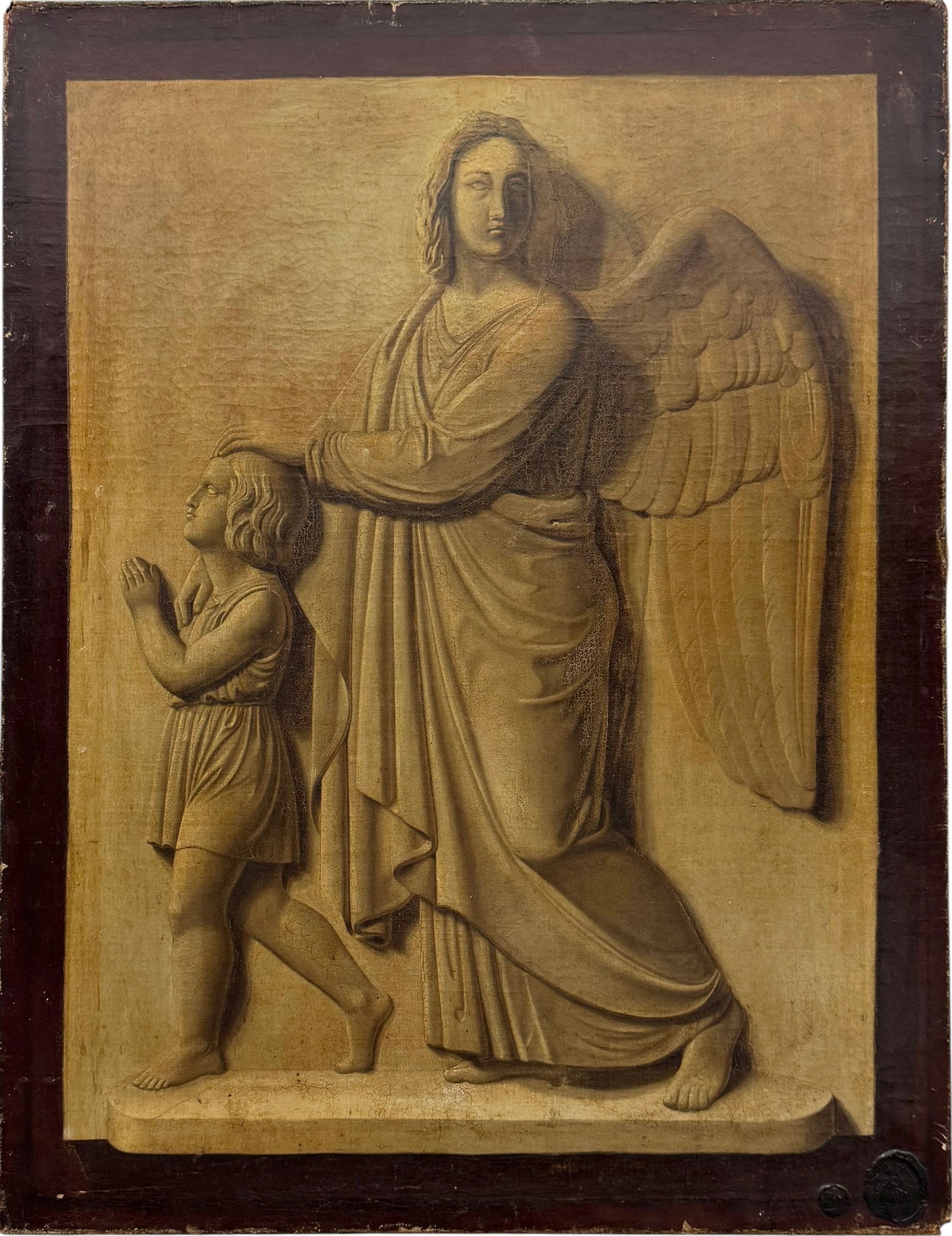 Northern European School Trompe-l'œil Old Master "The Child's Guardian Angel": Oil painting on canvas 31 x 24 in. Domestic Flat Shipping Price: $110