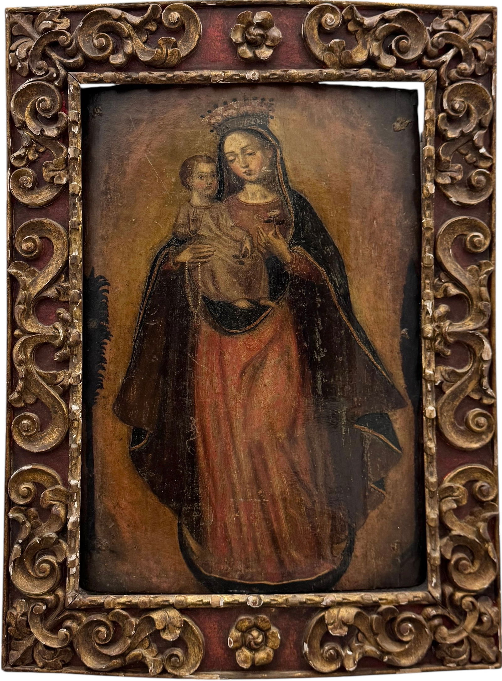 Spanish School Old Master Madonna & Child In Ornate Wood Frame: Oil painting on wood panel 24 x 16 1/2 in, 31 1/2 x 23 1/2 in (framed). Domestic Flat Shipping Price: $110