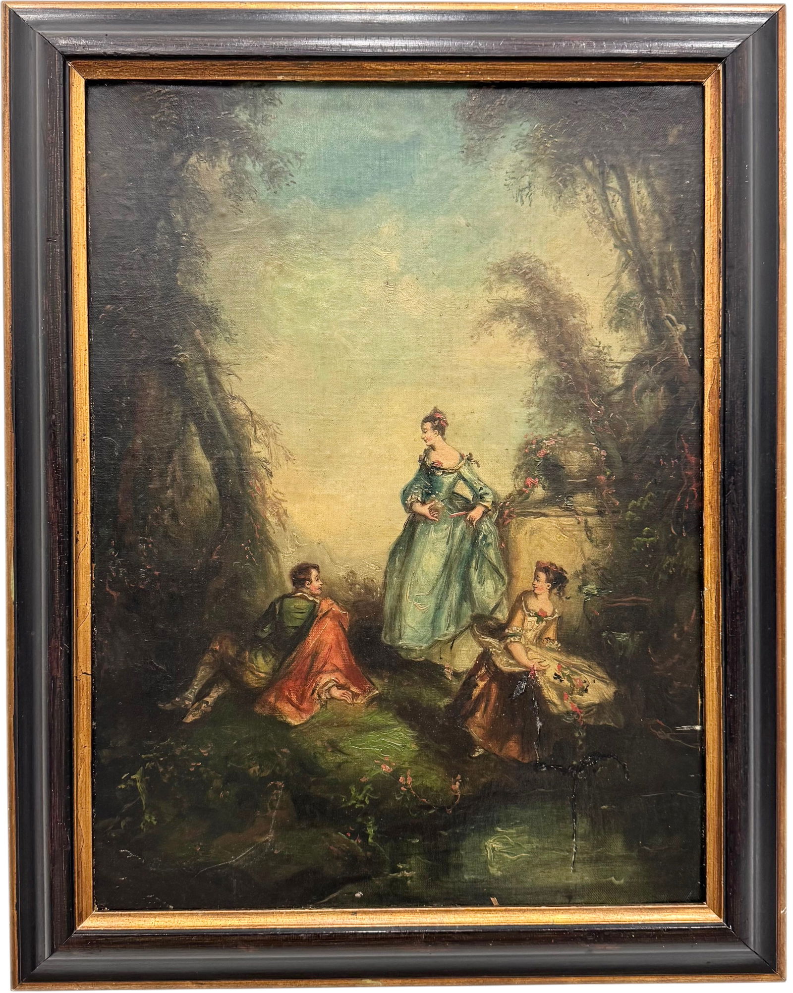 Rococo Period French School "Fete Champetre" Painting, Figures In Landscape: Style of Watteau. Oil painting on canvas 25 3/4 x 19 1/4 in, 31 1/2 x 25 in (framed). Domestic Flat Shipping Price: $110