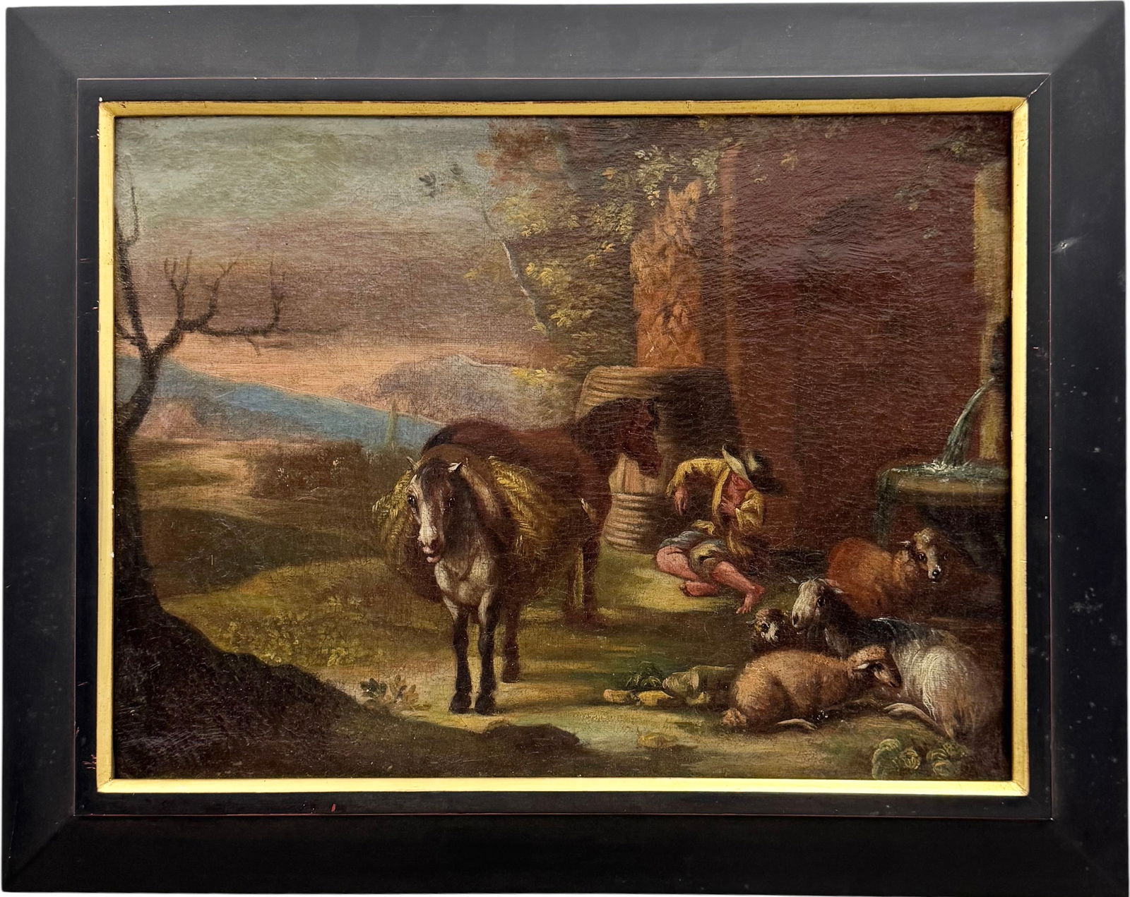 Old Master, Flemish School Pastoral Scene With Donkey Oil On Canvas: Oil painting on canvas 18 x 13 3/4 in, 22 1/2 x 18 in (framed). Domestic Flat Shipping Price: $70