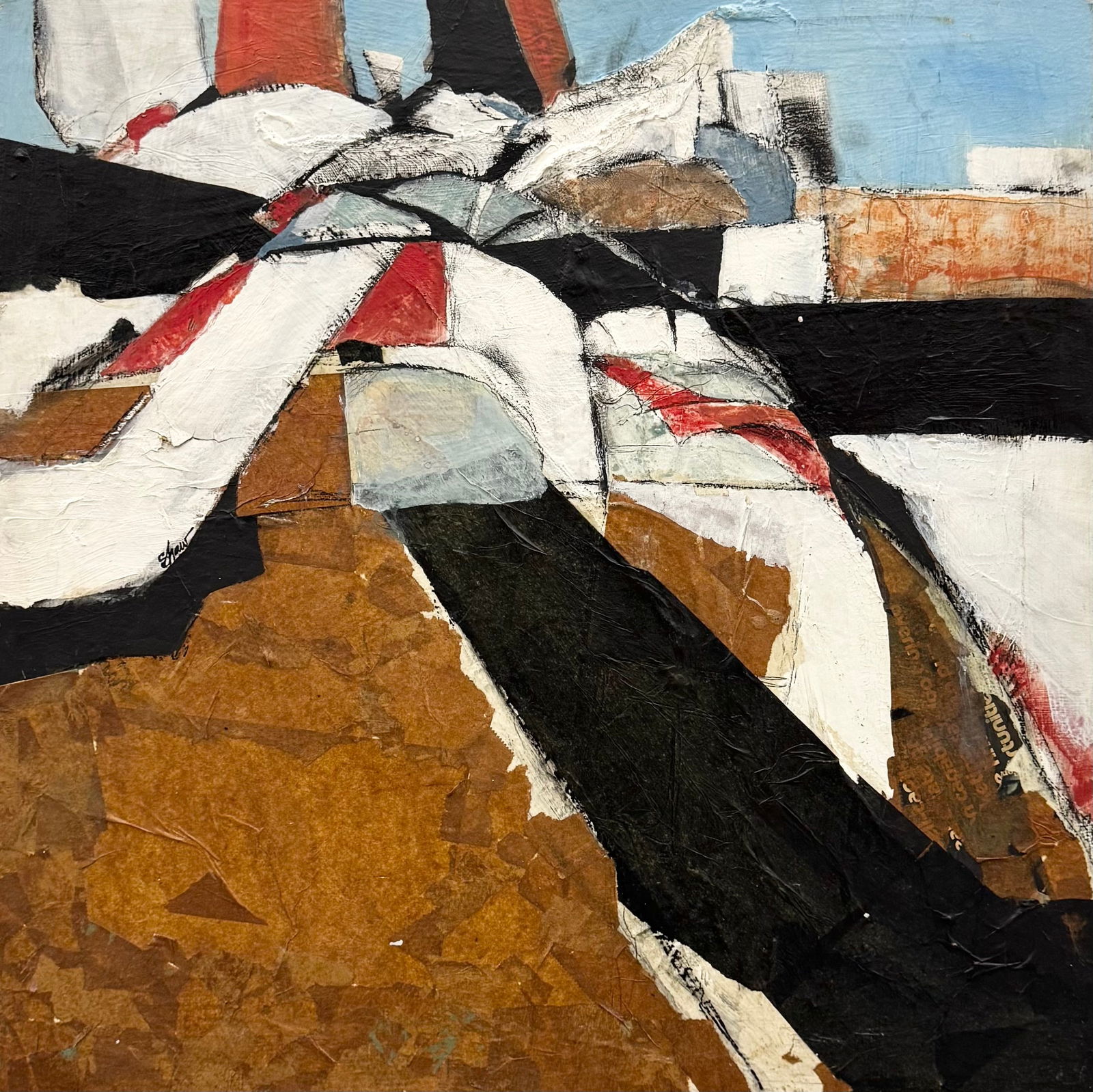 MId-Century Abstract Expressionist Mixed Media Collage Signed Shaw: ixed media on canvas 30 1/2 x 30 1/2 in. Domestic Flat Shipping Price: $110