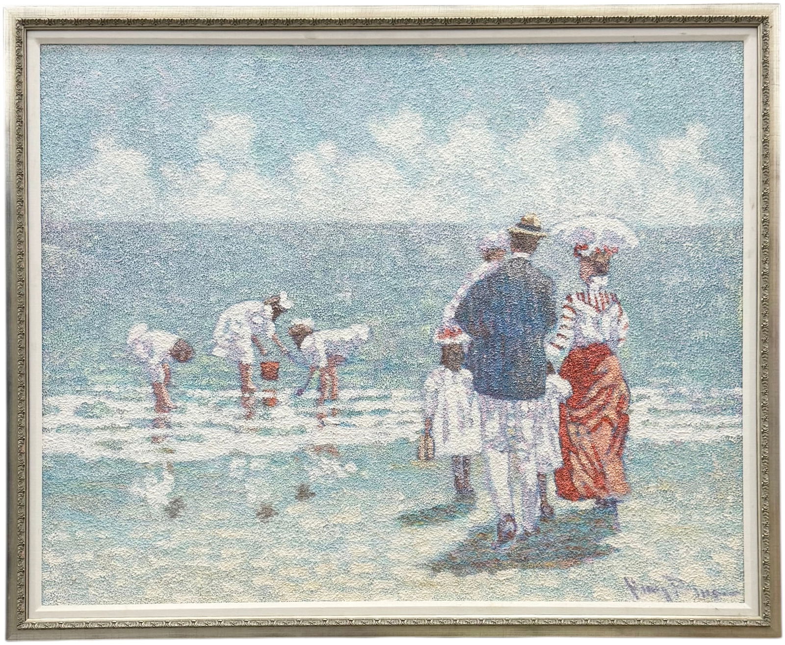 HARRY BENSON (20th c, American) Figures On Beach: Oil painting on canvas 50 x 40 in, 54 x 44 in (framed). Domestic Flat Shipping Price: $320