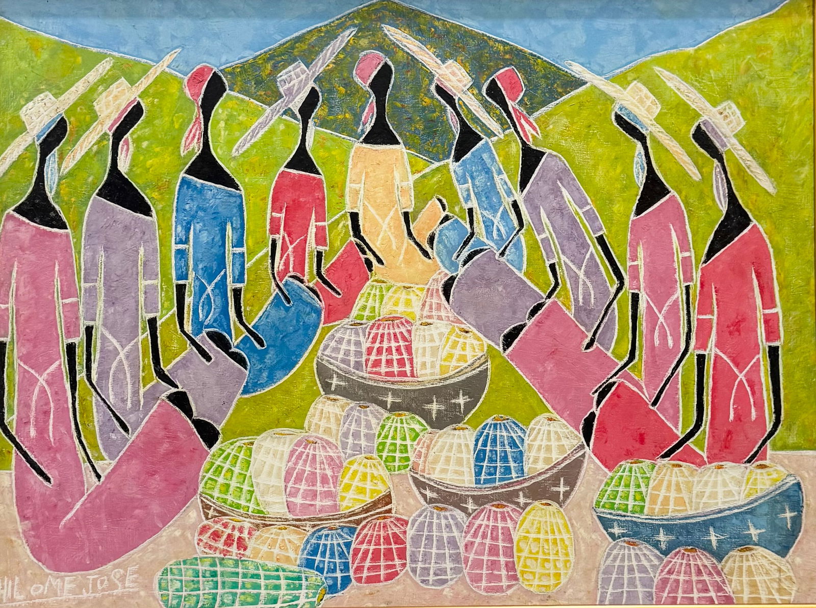 HILOME JOSE (b. 1947, Haitian): Acrylic painting on board 39 1/2 x 29 1/2 in. Domestic Flat Shipping Price: $110