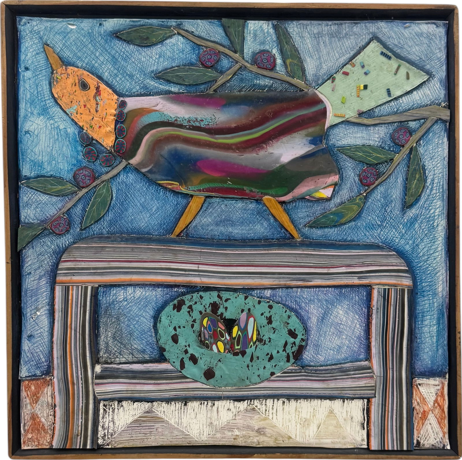 Naive Mixed Media Painting Of A Bird Signed Verso